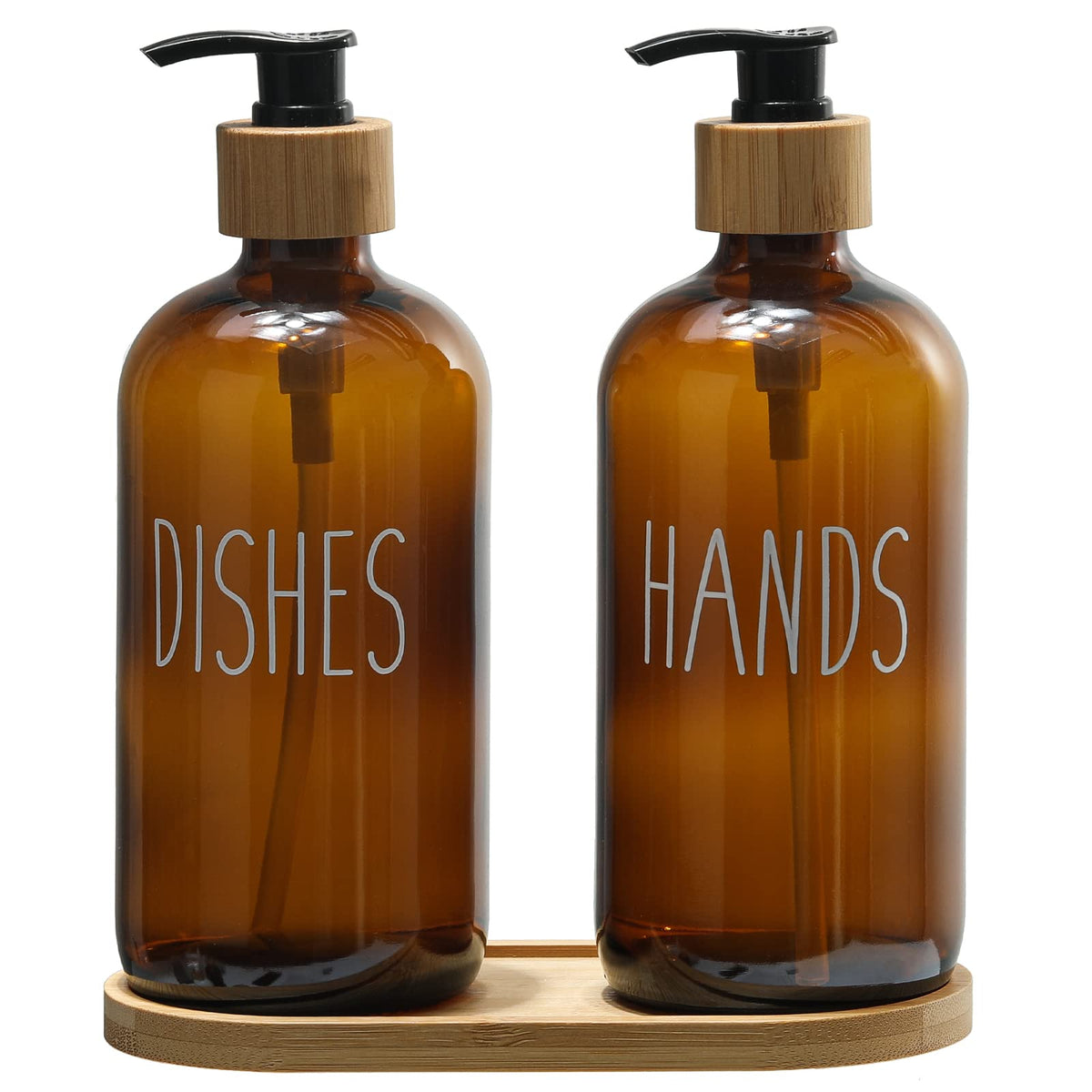 FEILANDUO Glass Soap Dispenser Set, Kitchen & Bathroom Dispenser with Bamboo Pump and Soap Tray, Farmhouse Home Decor (2pcs Amber)