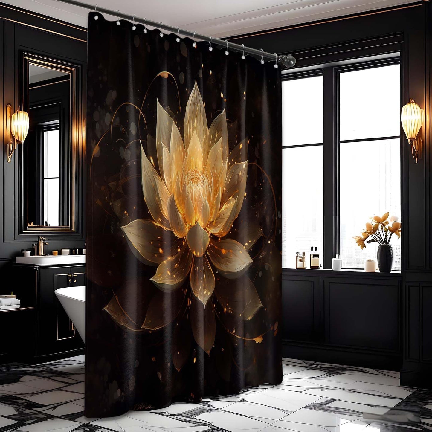 LanZanthic Lotus Shower Curtains for Bathroom Black and Gold Floral Spa Zen Wet Room Shower Curtain with hooks, Mould Proof Resistant, Waterproof