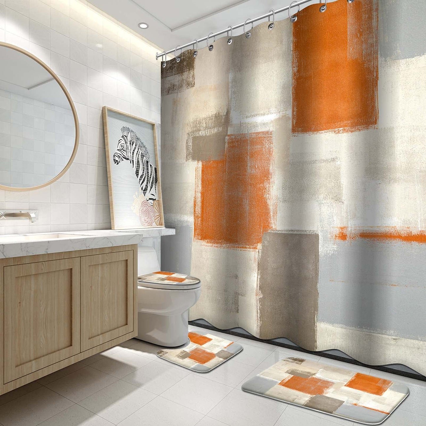 Lnond 4Pcs Bathroom Shower Curtain Sets with Rugs,Modern Orange and White Painting Art Bathroom Sets with Shower Curtain and Rugs and Accessories