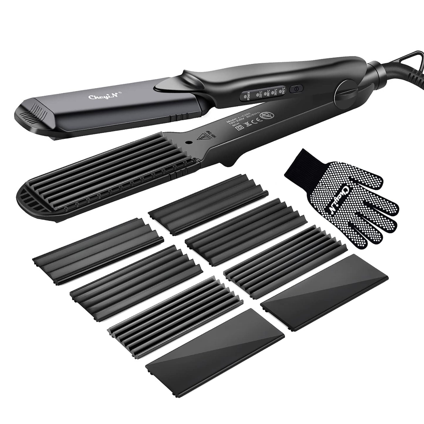 Hair Crimper, CkeyiN Professional Crimping Iron and Straighter with Heat Resistant Glove Adjustable Temperature Dual Voltage 4 Interchangeable Ceramic