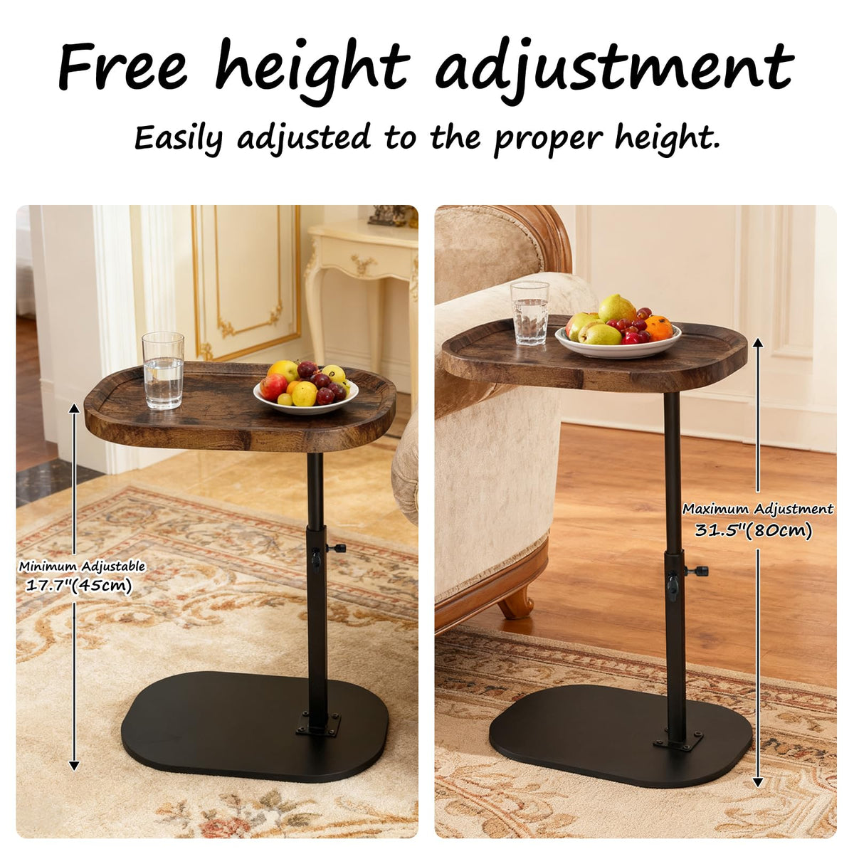 YYW Adjustable C Shaped Side Table, 360° Swivel Sofa Table, Vintage Brown