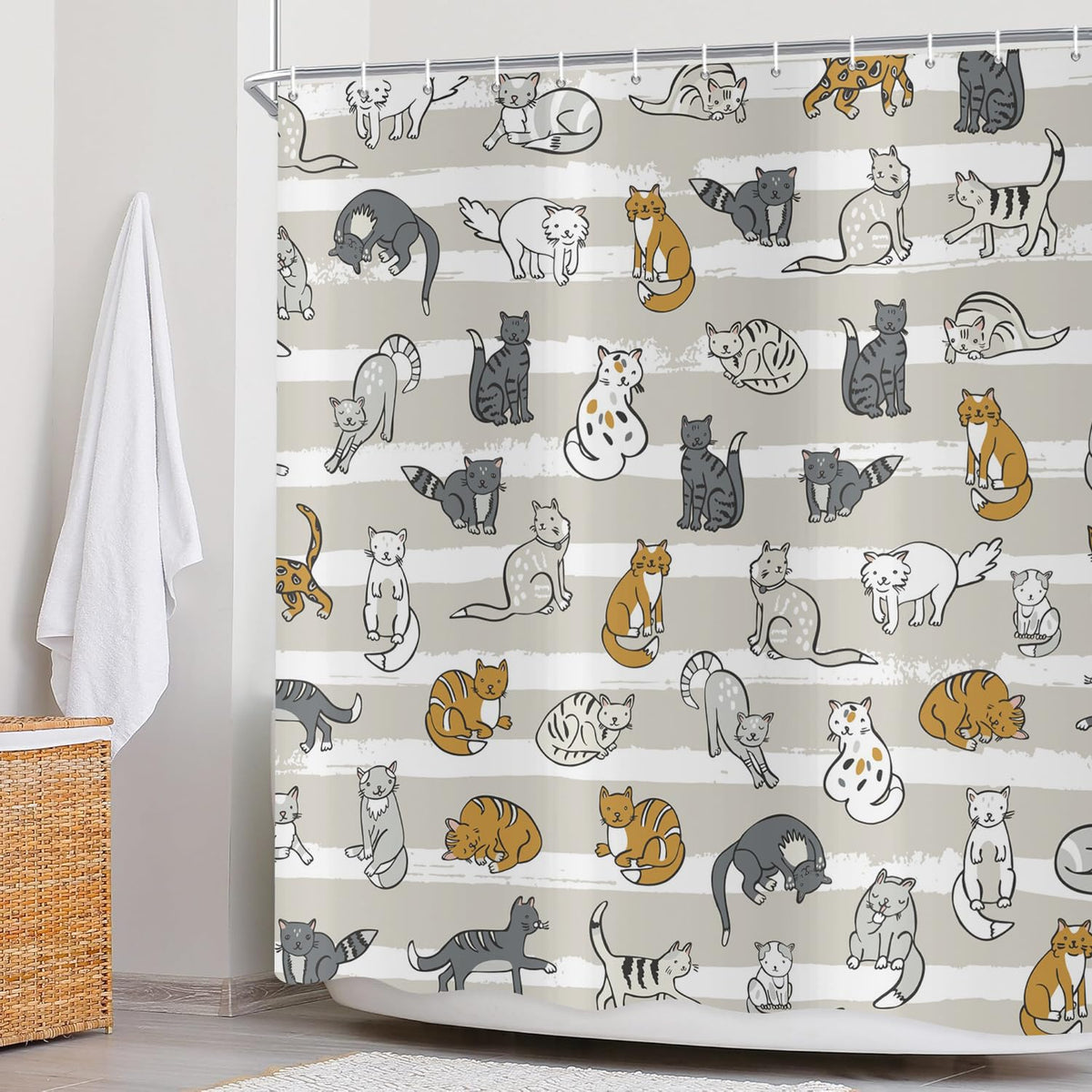 ASDCXZ Funny Cat Shower Curtain 180x200 cm, Cute Cartoon Pet Cat Colorful Kitten Children Animal Waterproof Bath Curtain Polyester Textile Washable