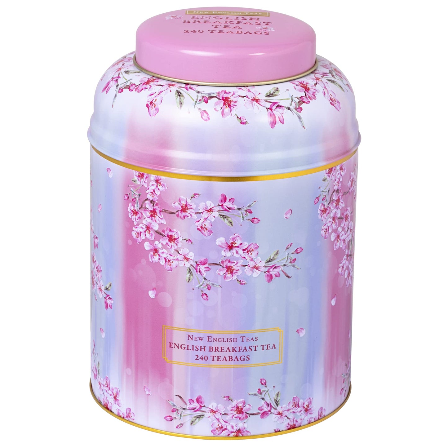 New English Teas Watercolour Cherry Blossom Tea Caddy with 240 English Breakfast Teabags