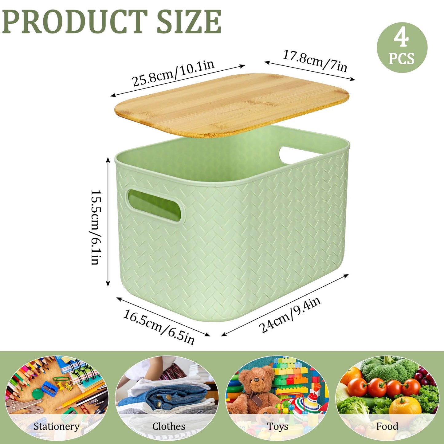RWFMO 4 Pcs Plastic Green Storage Baskets with Bamboo Lid for Bathroom