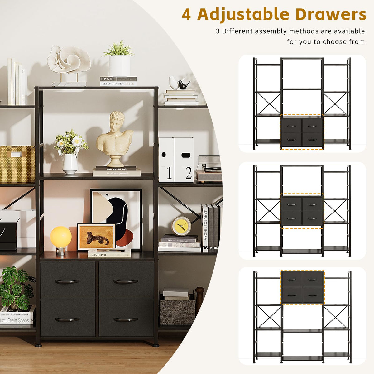 VERMESS 142W x142HcmTriple Book Shelf, Triple Bookshelf, 4 Tier Industrial Bookshelf for Home & Office