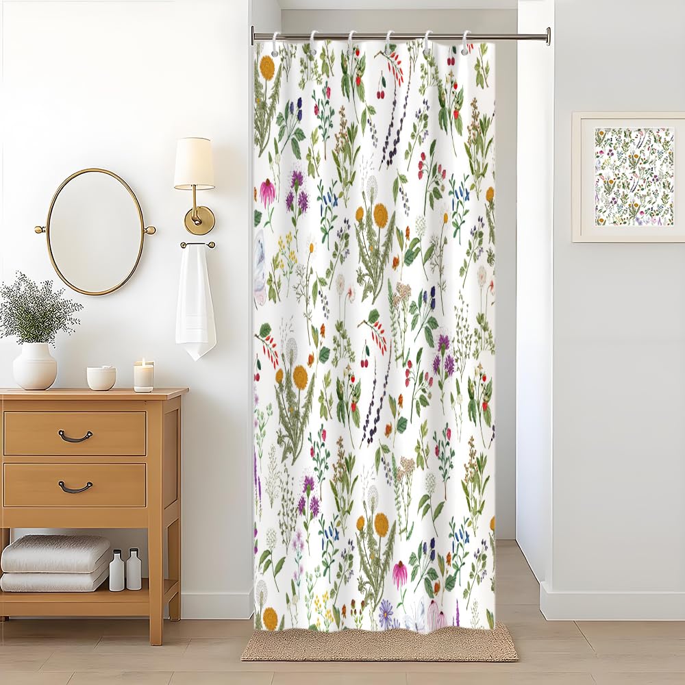 Green Leaves Stall Shower Curtain, Uiiooazy Pink Yellow Flower Floral Bath Curtain Mildew and Mould Resistant Waterproof Polyester Fabric Opaque