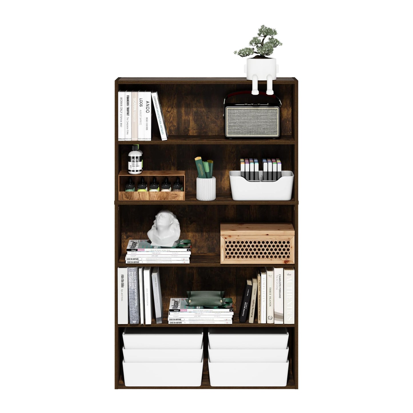 Furinno PASIR Book Shelf, 5-Tier Bookshelf, Bookcase with Open Shelf, 9.4 x 31.5 x 52.7, for Living Room, Bedroom, Home Office, Amber Pine