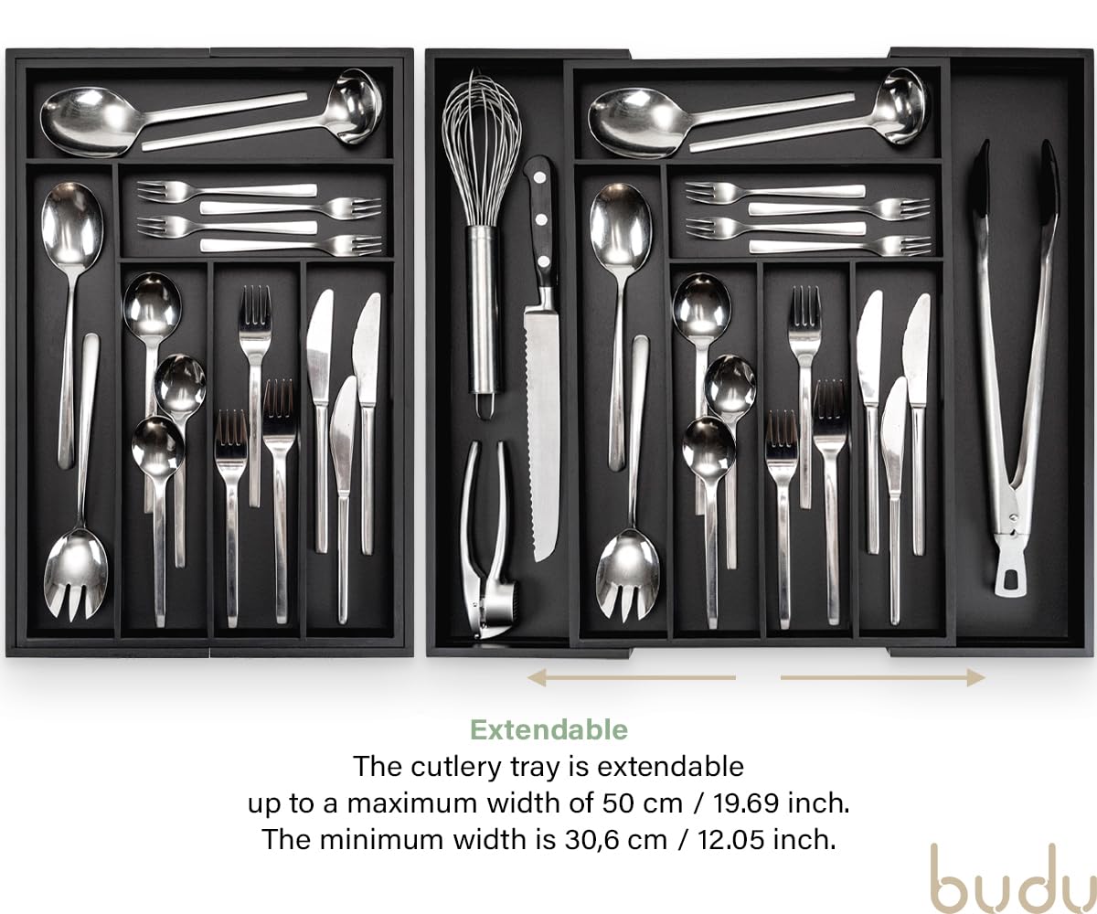budu Cutlery Tray #45 (Depth 45 cm) Made of Bamboo - Black - Drawer Organiser System for the Kitchen - Cutlery Tray for Bamboo Drawers - Extendable -