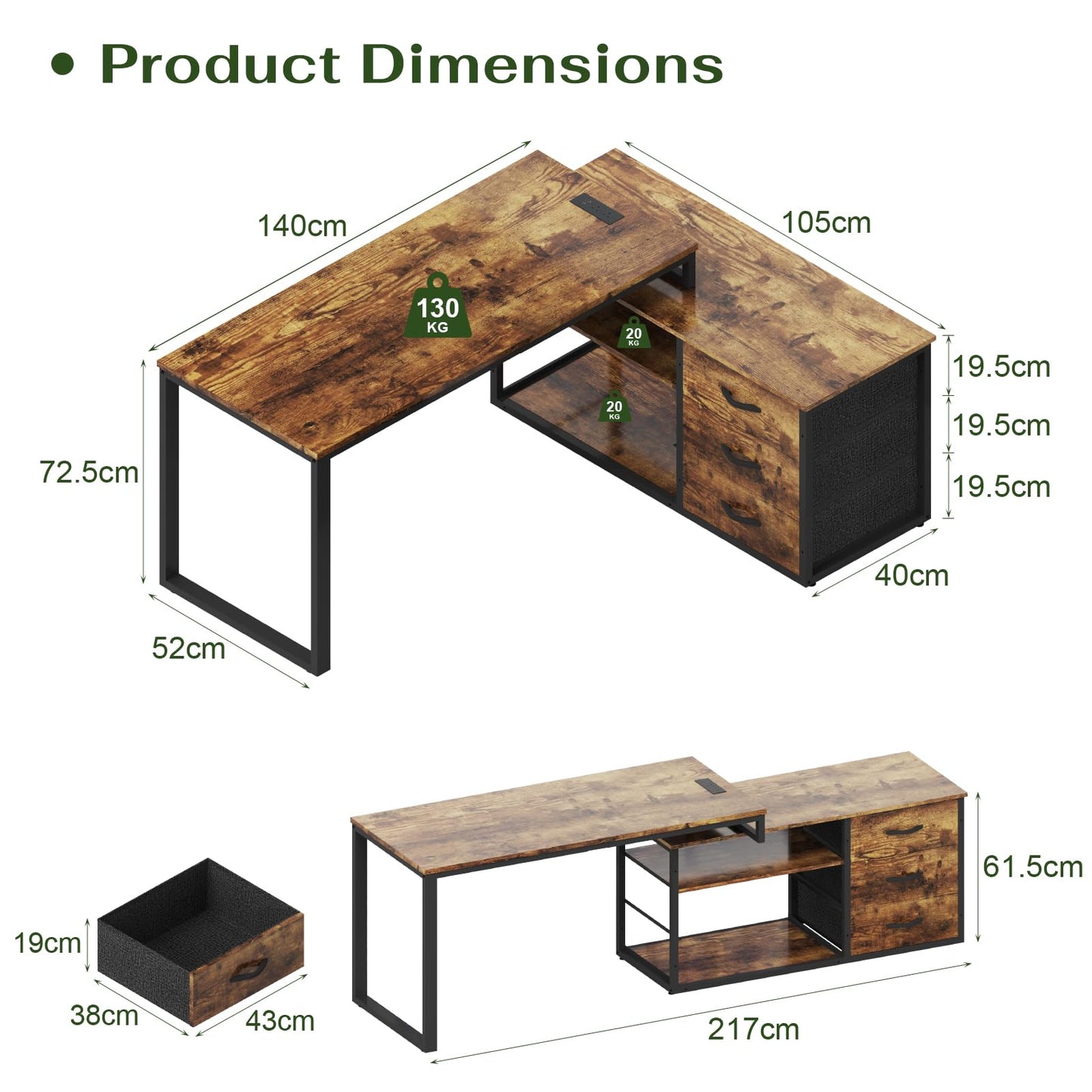 JUMMICO Corner Desk with 3 Drawers, Reversible L Shaped Computer Desk 140x105cm with Extra Storage Space,Office Desks with Power Outlet,Adjustable