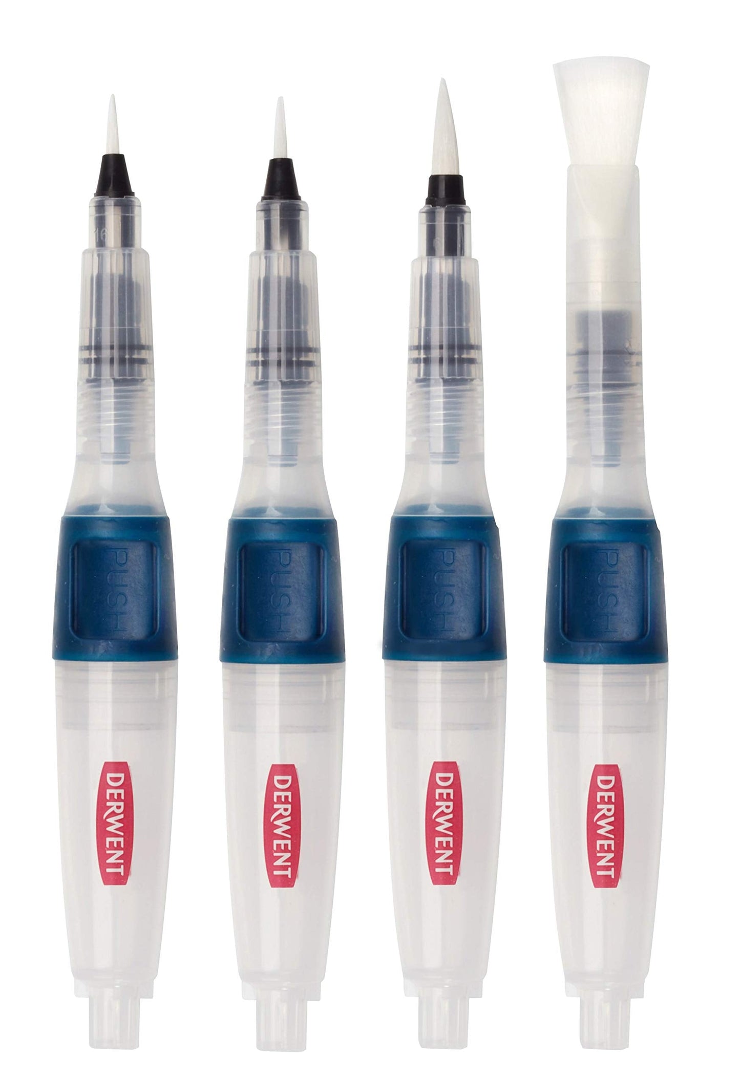 Derwent Push Button Assorted Size Waterbrush Set, contains 4 x premium watercolour brushes for use with watercolour pencils, paints and blocks, leak
