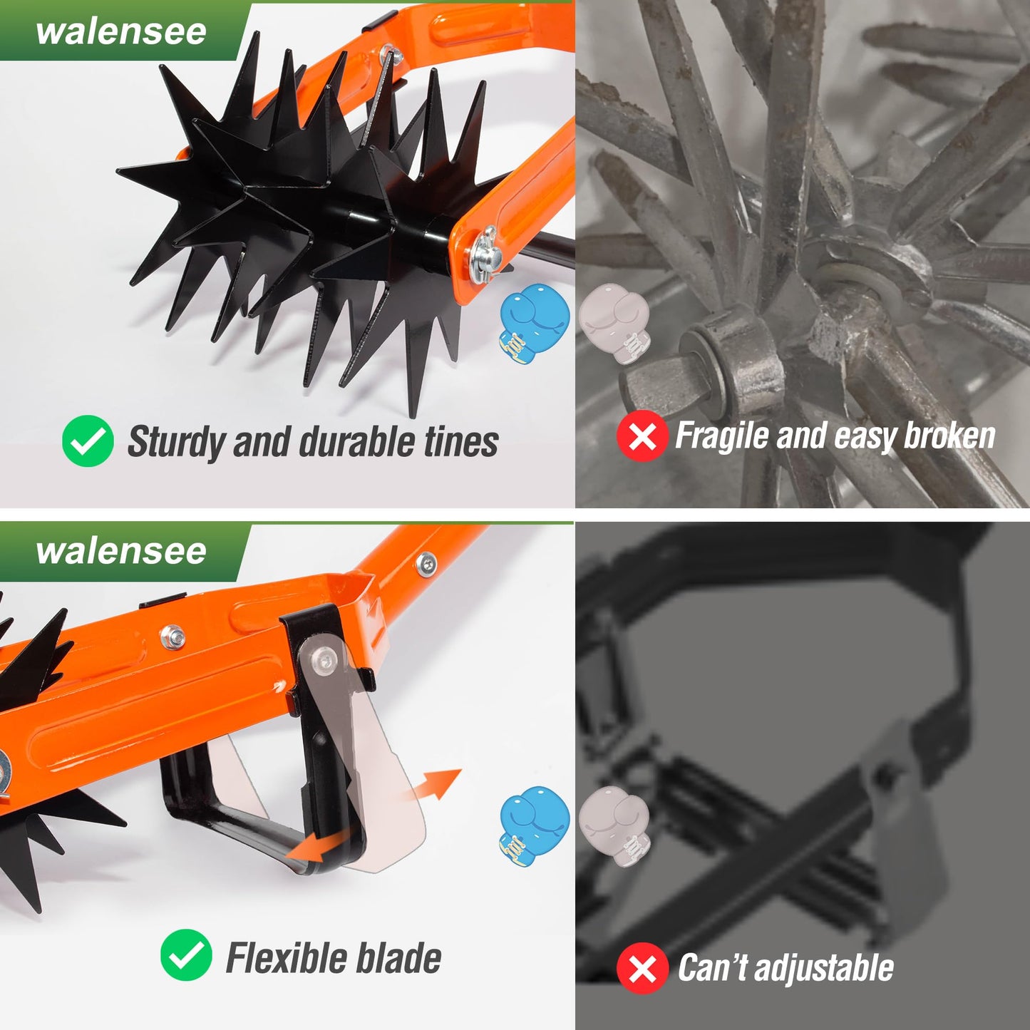 Walensee Rotary Cultivator Tool, Adjustable Garden Hand Tiller with Stainless Steel Pole, 2-in-1 Garden Weeder and Crumbler Soil Cultivator Tool for