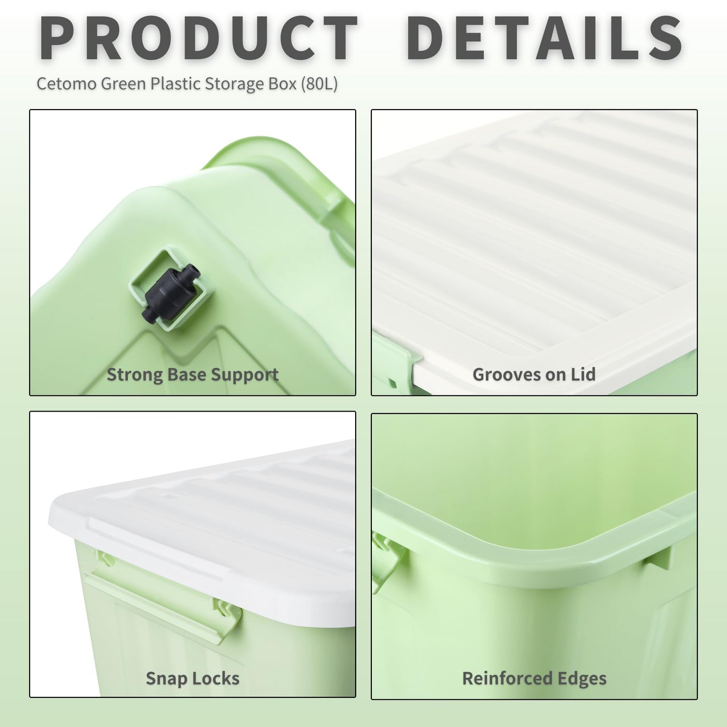 Cetomo 80L*4 Storage Boxes with Lids, Plastic Storage Box with Wheels and Secure Side Latches, Stackable & Nestable Organizer for Home, Office