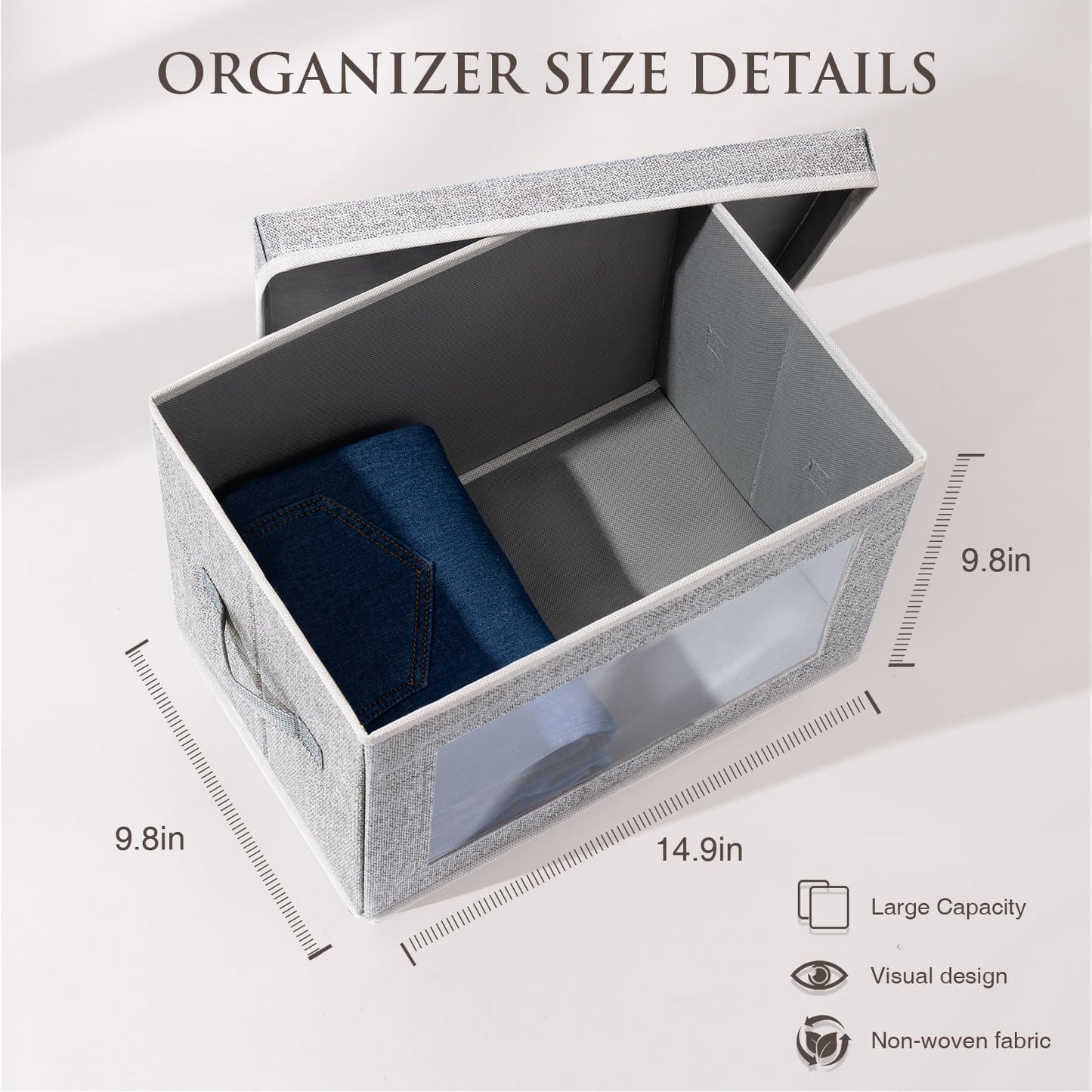 Homsorout 3 Pack Storage Boxes with Lids Foldable Storage Cubes with Transparent Window Fabric Storage Organiser Box for Toys, Clothes, Books