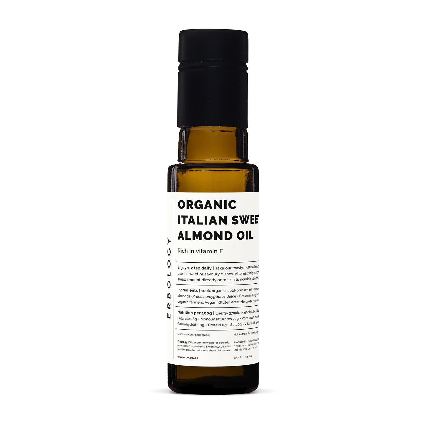 Erbology Organic Sweet Almond Oil 100ml - Cold-Pressed - Rich in Skin-Nourishing Vitamin E - Straight from Farm in Italy - Non-GMO - No Additives or