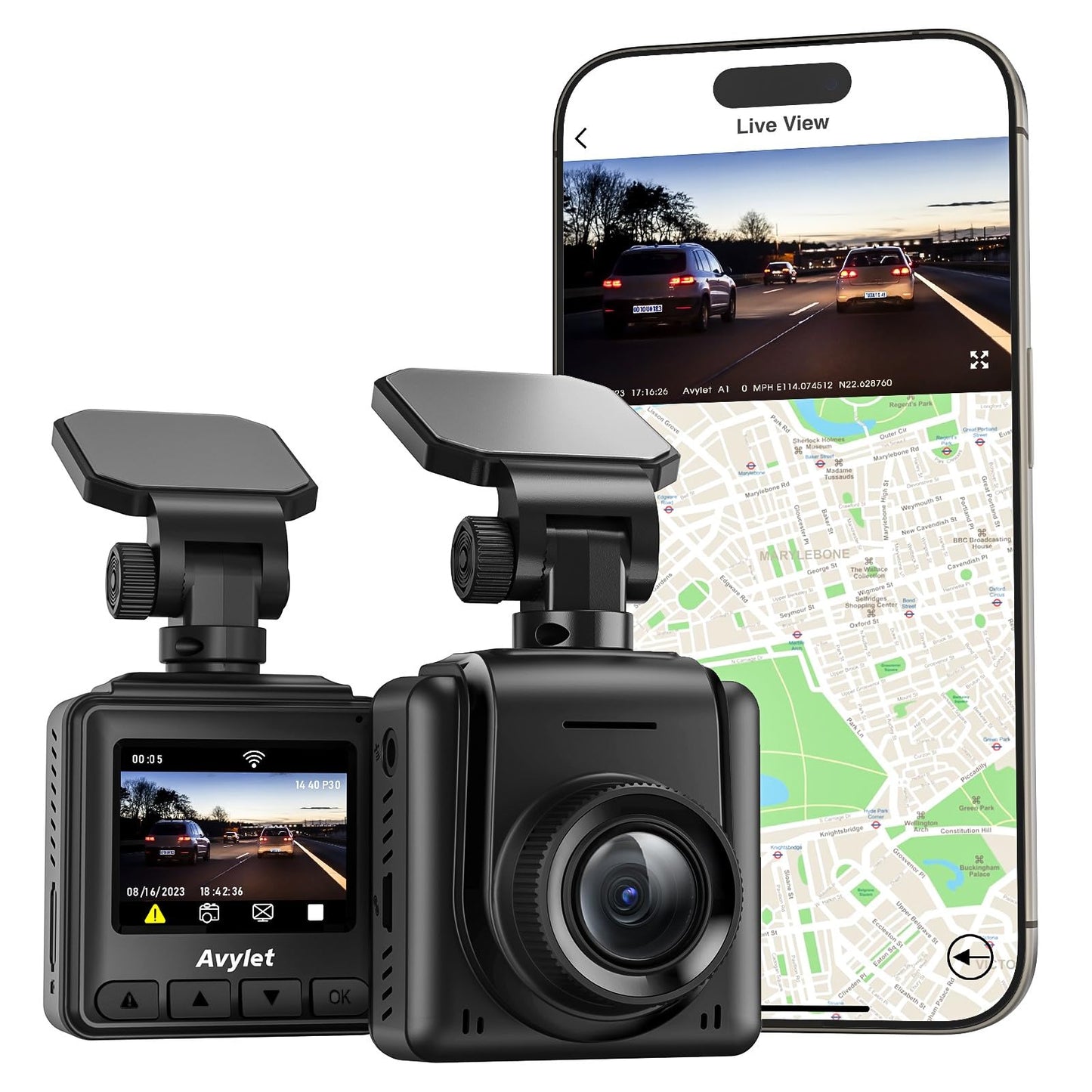 Dash Cam WiFi 2K, Car Camera with APP, External GPS, 1.5'' IPS Screen, Front Dash Camera for Cars, Mini Dashcams, WDR Night Vision, 24H Parking