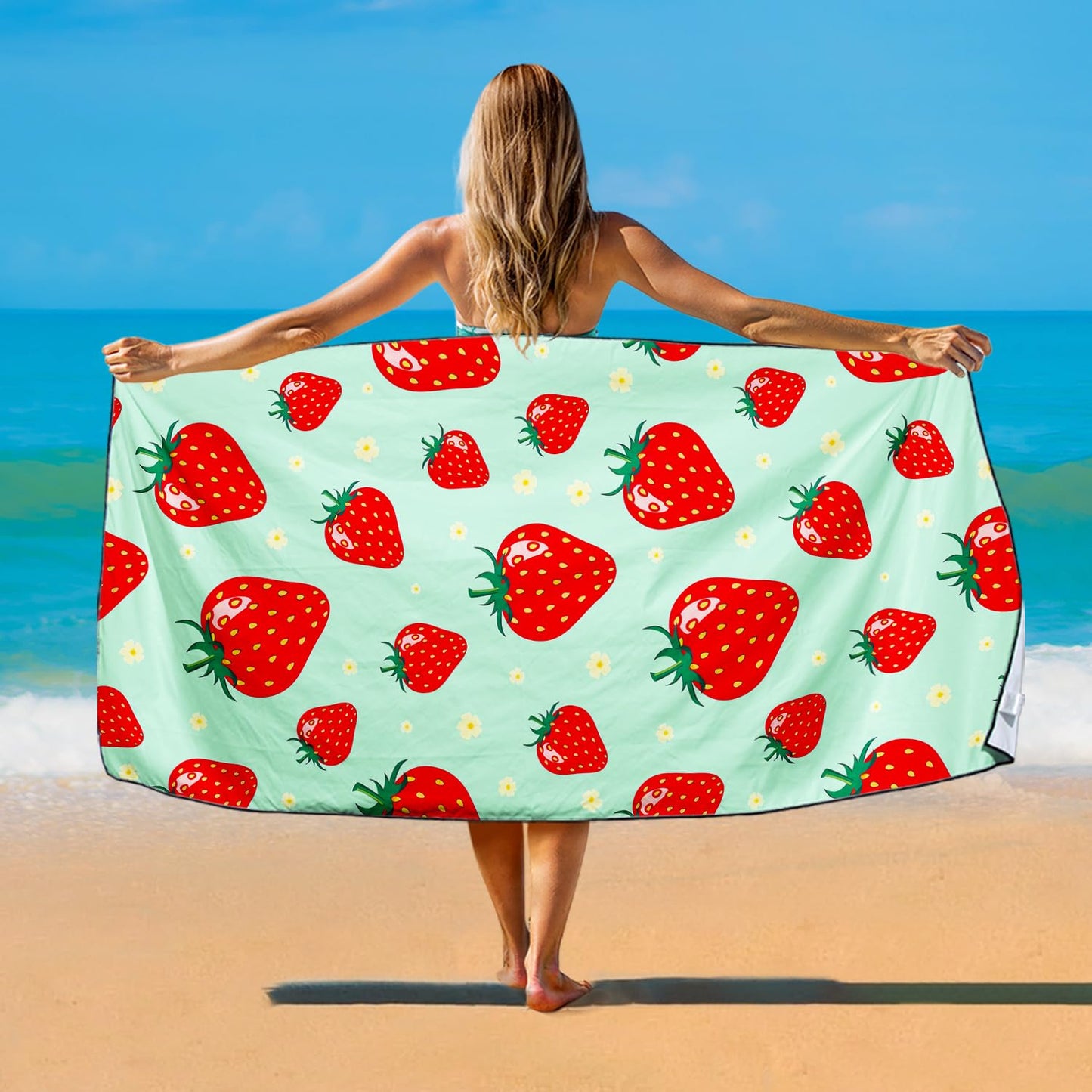 Violetpos Mint Green Strawberry Beach Towel, Extra Large 180x90 cm 250GSM Microfibre, Sand Free Quick Dry