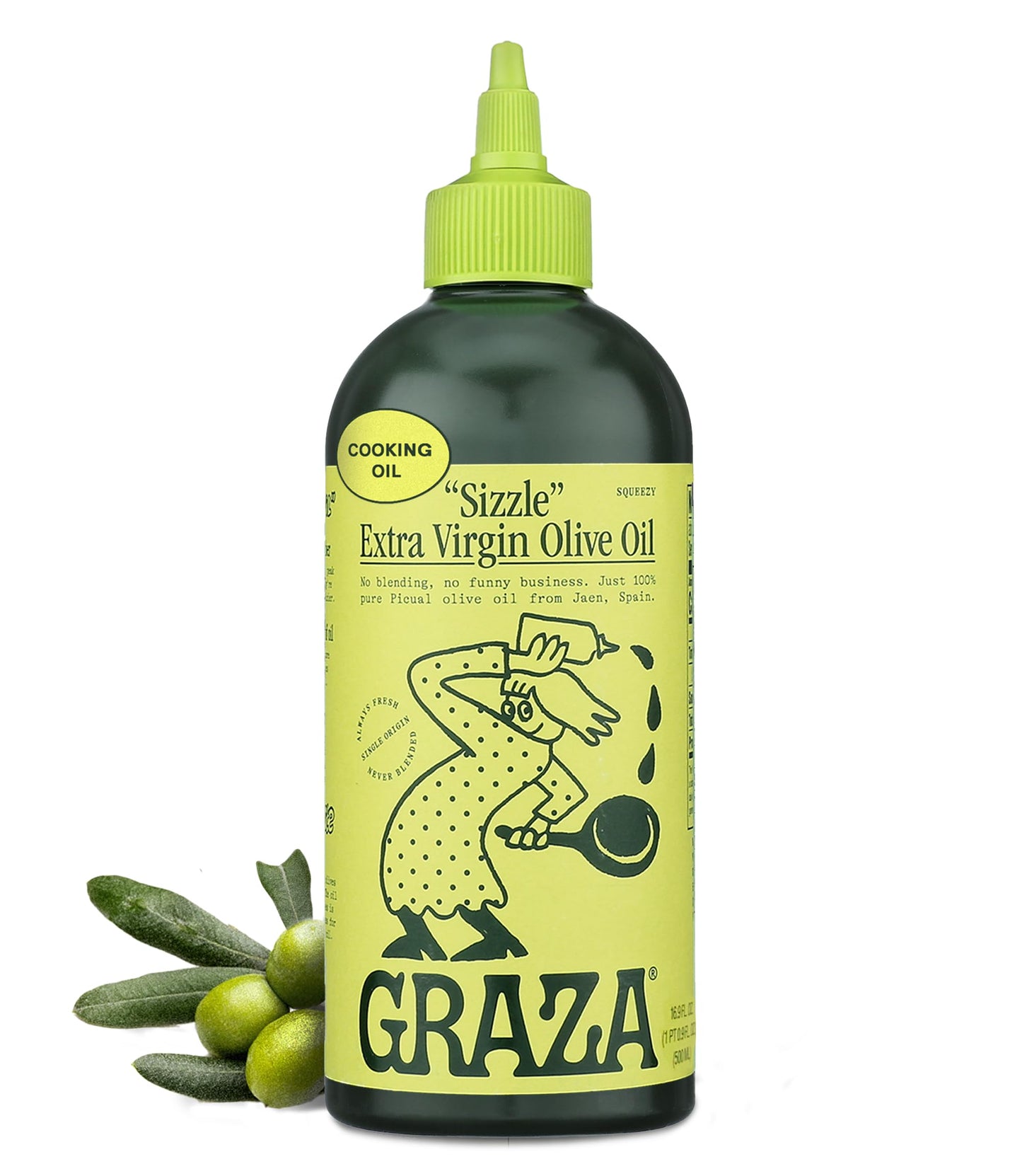 Graza Sizzle Extra Virgin Olive Oil, Cooking Oil - High Polyphenol Peak Harvest EVOO Cooking Oil in a Squeeze Bottle - Single Farm Olives from Spain -