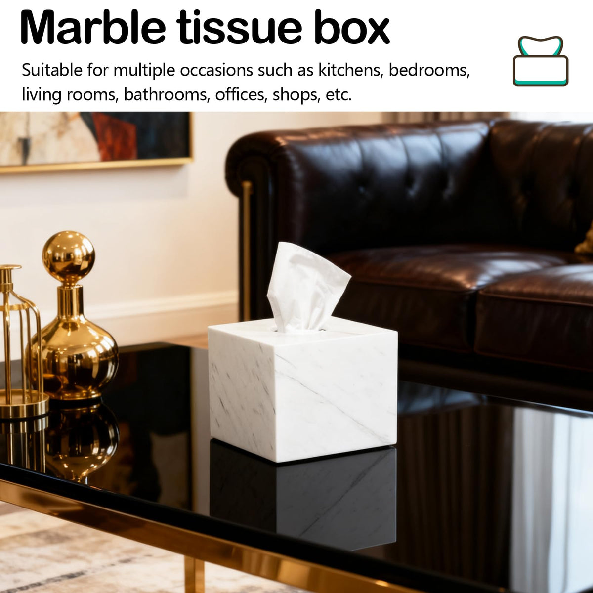 Tissue Box, 14.5 x 14.5 x 14.5 cm Tissue Box Holder Made of Natural Marble Square Paper Organizer with Open Acrylic Base and Silicone Mat for Home