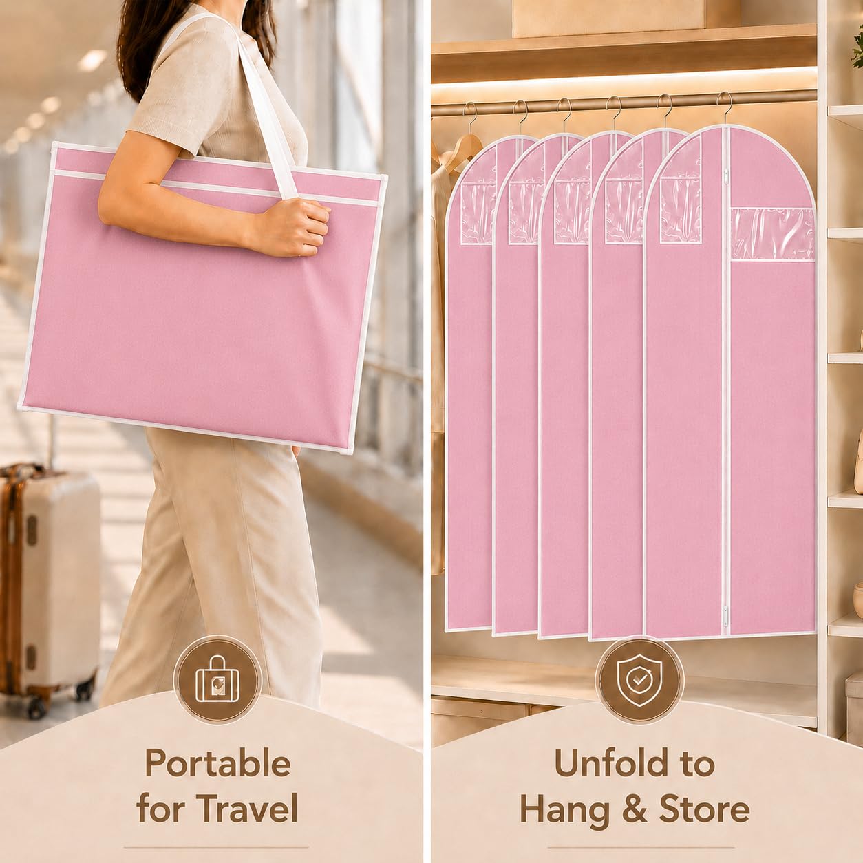 Sytinnice 2Pcs Long Dress Garment Bags, 60×180cm Folding Full Length Garment Cover Bag with Zipper, Pocket & Handle