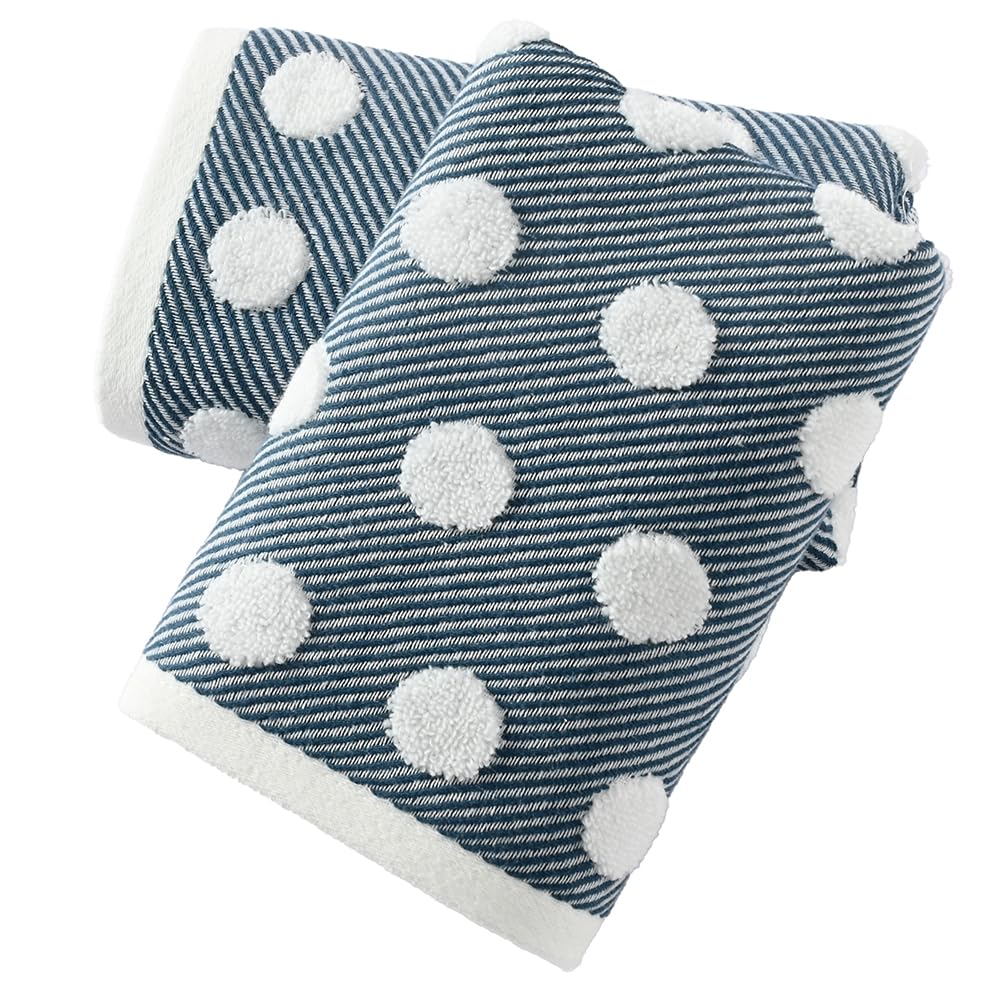 sense gnosis Navy Hand Towels 100% Cotton Super Soft Absorbent Jacquard Herringbone Striped Pattren White Terry Polka Dot Hand Towels for Bathroom