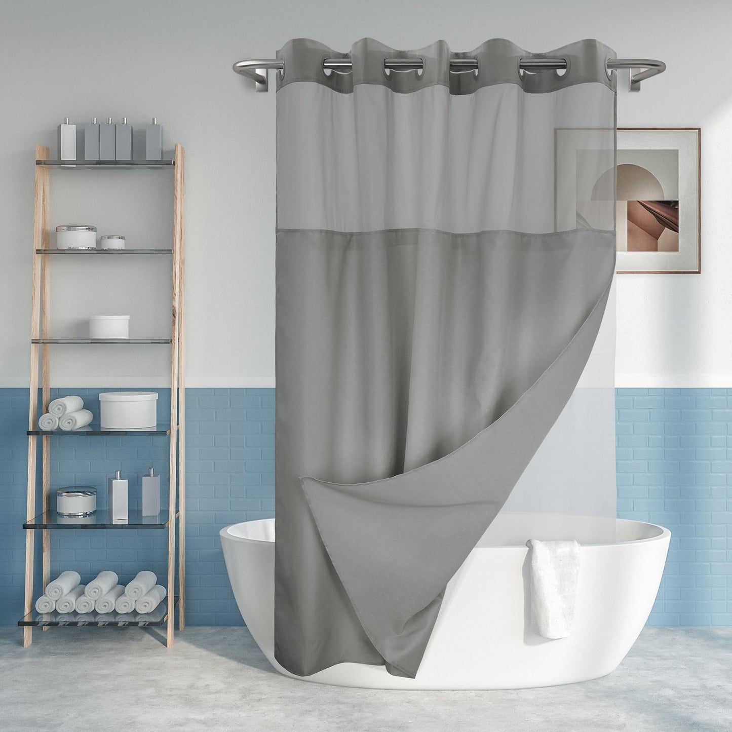 No Hook Slub Textured Shower Curtain with Waterproof PEVA Liner Set - 71" x 74"(72"), Hotel Style with See Through Top Window, Fabric Curtain &