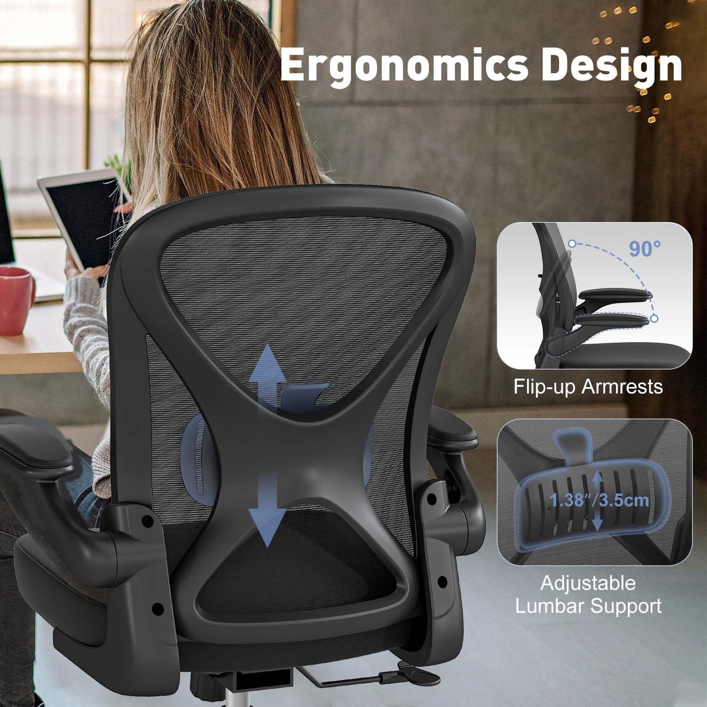 Keratee Ergonomic Mesh Office Chair with Adjustable Lumbar Support ＆ Flip-up Arms, Breathable Computer Home Desk Chair with 360 & Height Adjustment