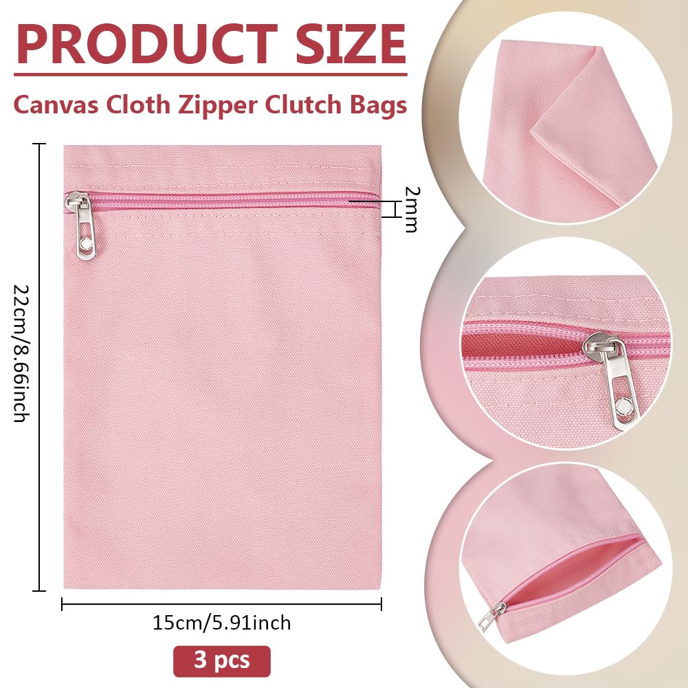 BENECREAT 3 Pack Canvas Sew-in Side Pocket with Zipper 8.66x5.91 Inch/ 22x15cm Hidden Security Pocket for Jackets Coats and Clothing, Pink