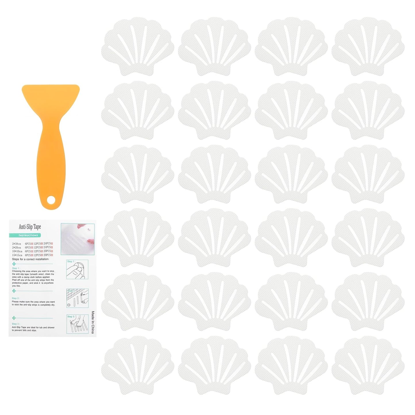 sourcing map 24Pcs Non-Slip Bathtub Stickers, 9x7 cm Shell Shape Shower Floor Non Slip Stickers with Scraper for Bathroom Shower Stairs Ladders, White
