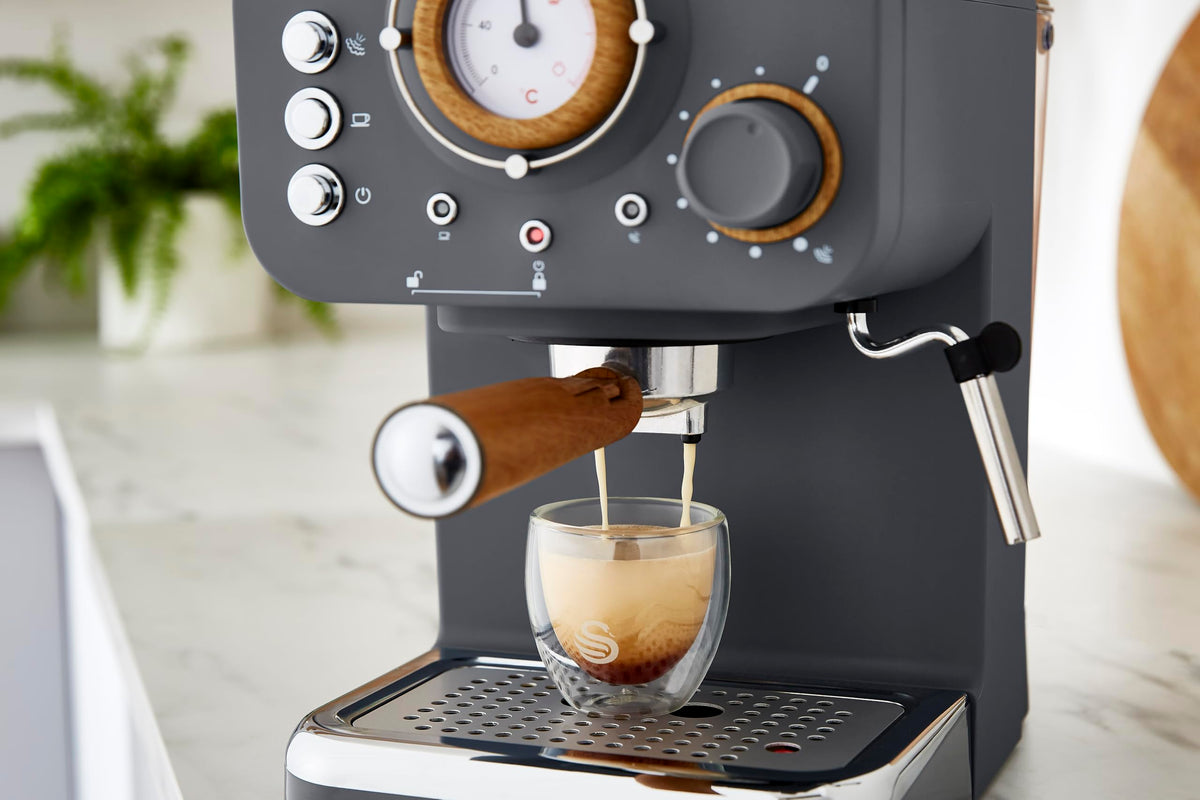 Swan SK22110GRYN Nordic Espresso Coffee Machine with Milk Frother, Steam Pressure Control, 1.2L Detachable Water Tank, 1100W, Nordic Slate Grey
