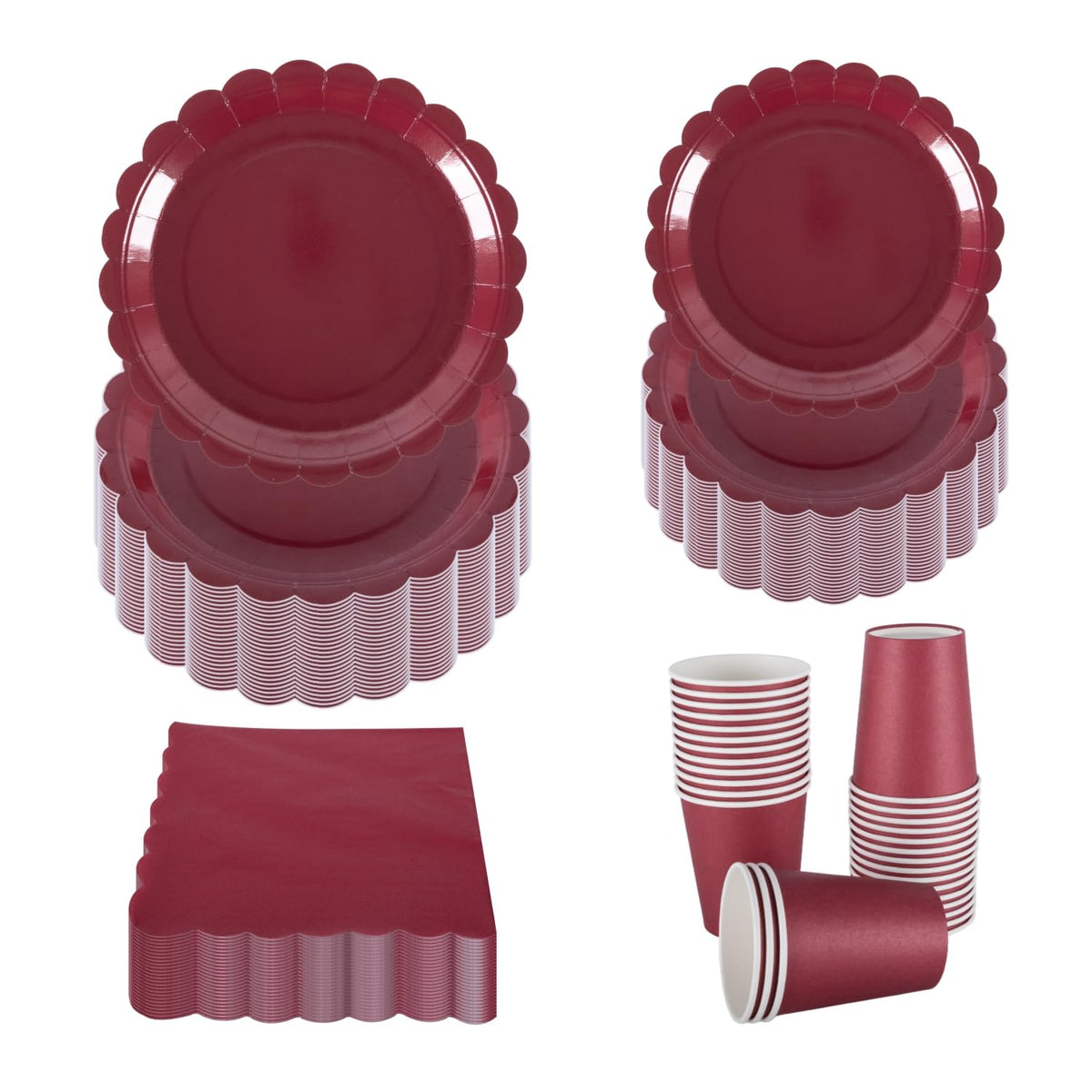 PHUNAT Deep Red Party Tableware Set for 30 Guests - 7 inch/18cm & 9 inch/23cm Paper Plates, Napkins & Cups - Party Supplies for Birthday, Wedding,