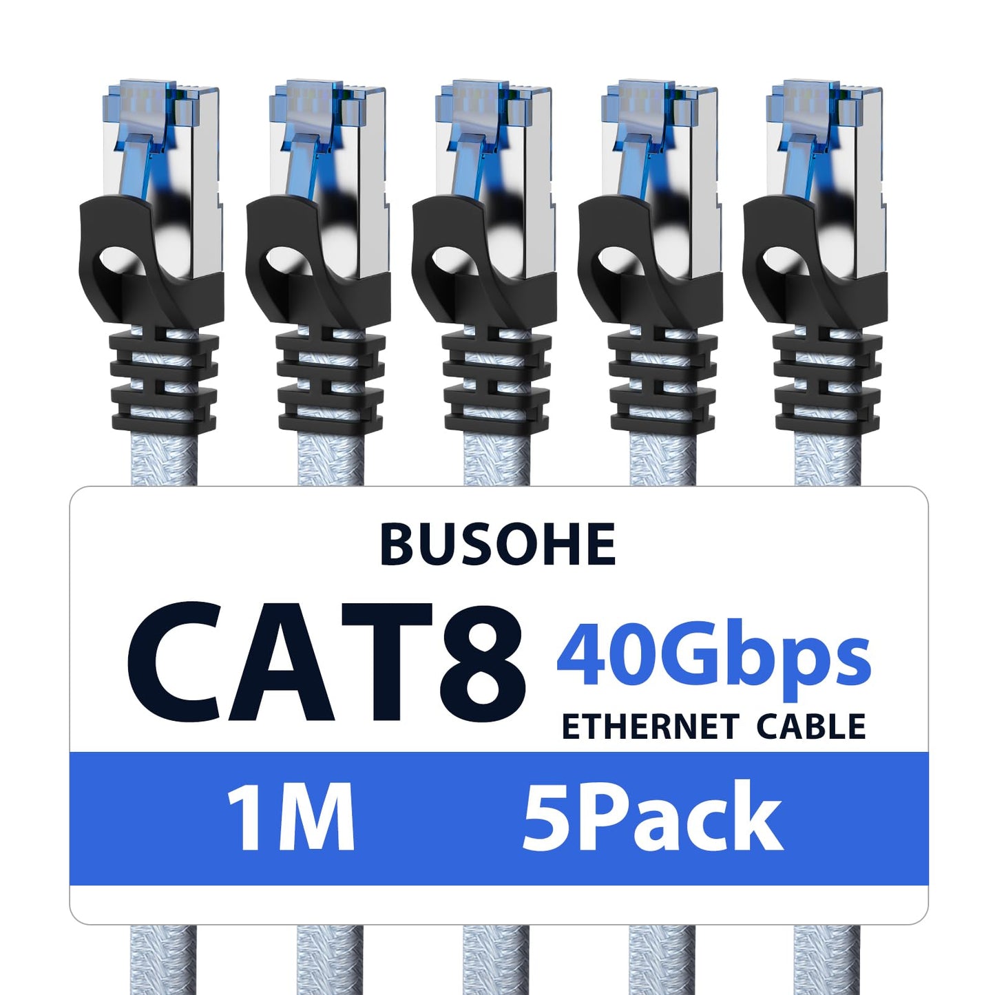 BUSOHE Cat 8 Ethernet Cable 1m (5 Pack), High-Speed 40Gbps 2000MHz Network Cable Braided Flat Gigabit Rj45 STP Shielded Internet Network Lan Cable