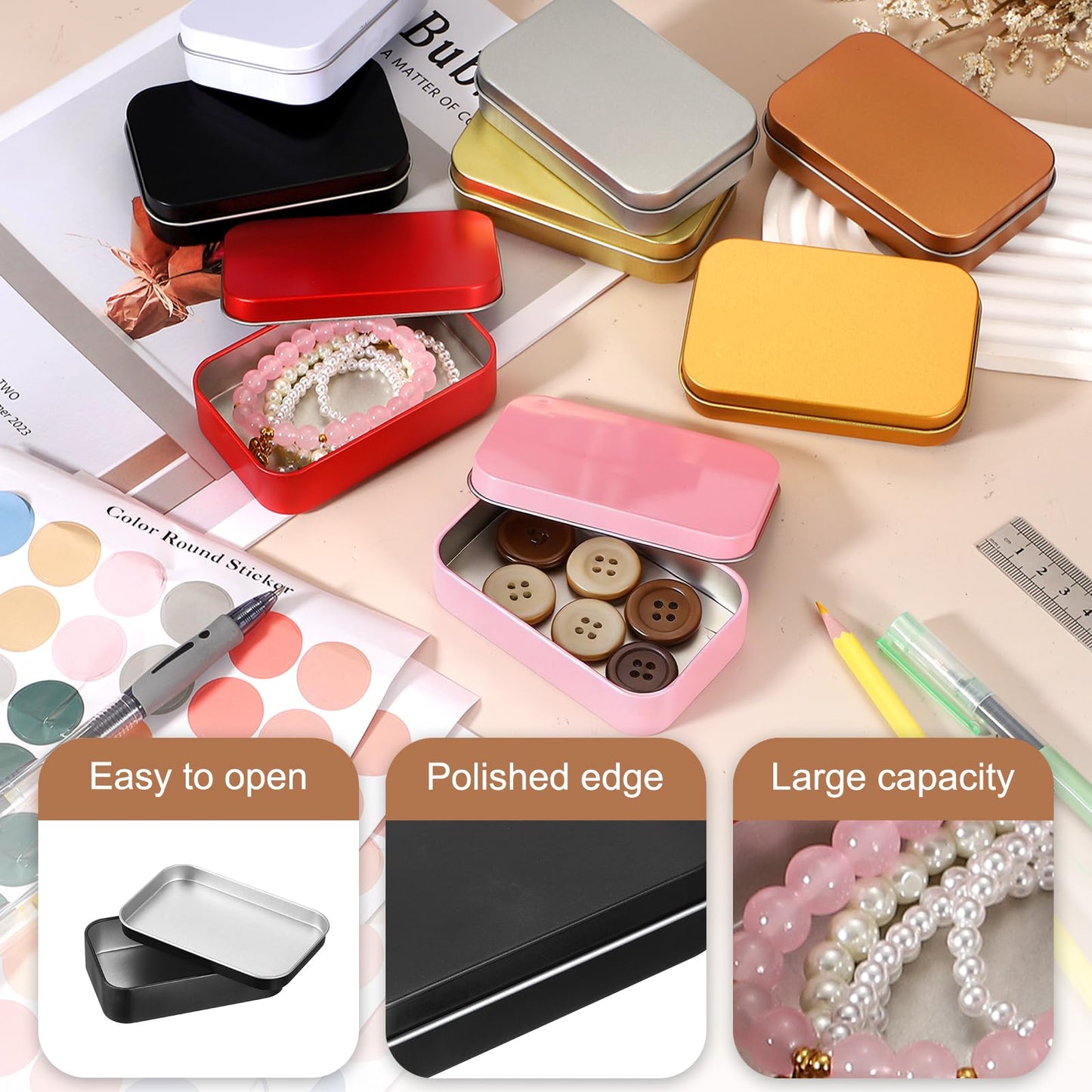 sourcing map 4Pcs Metal Tin Box Container, 3.7x2.4x0.9 Rectangular Empty Box with Self Adhesive Colored Stickers
