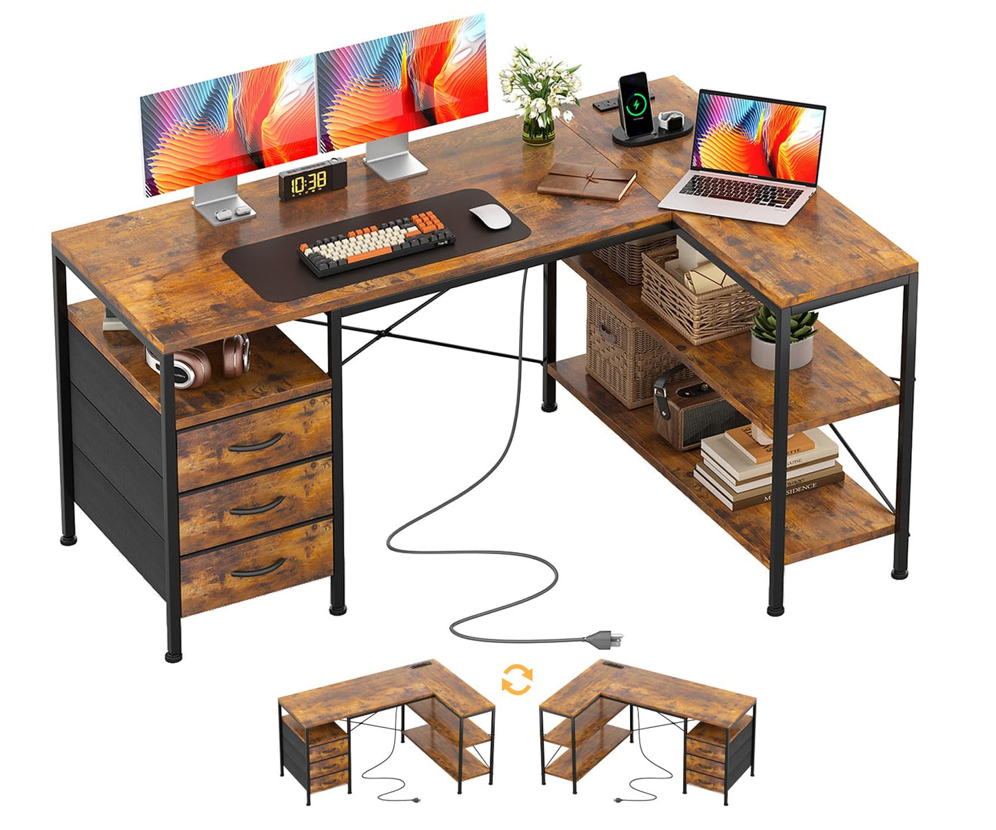 CAIYUN 120cm Corner Desk with Drawers, Reversible L shaped Computer Desk with Power Outlet, Home Office Desk with USB Charging Port, Rustic Brown