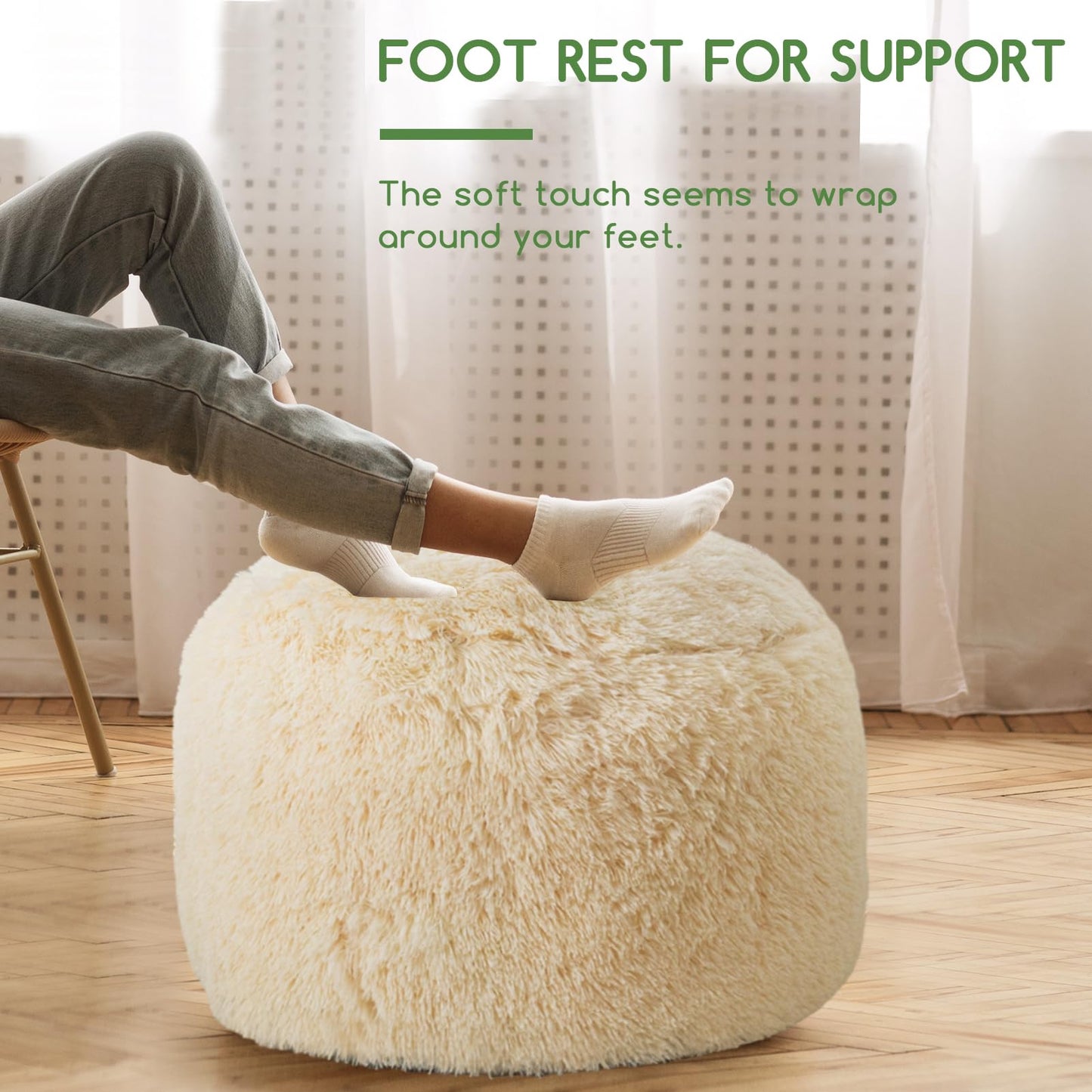 HIGOGOGO Faux Fur Beanbags Round Footstool Bean Bag Pouf with Foam Chunk Filling, 65 x 45 cm Floor Poufs Foot Rest for Living Room, Beige
