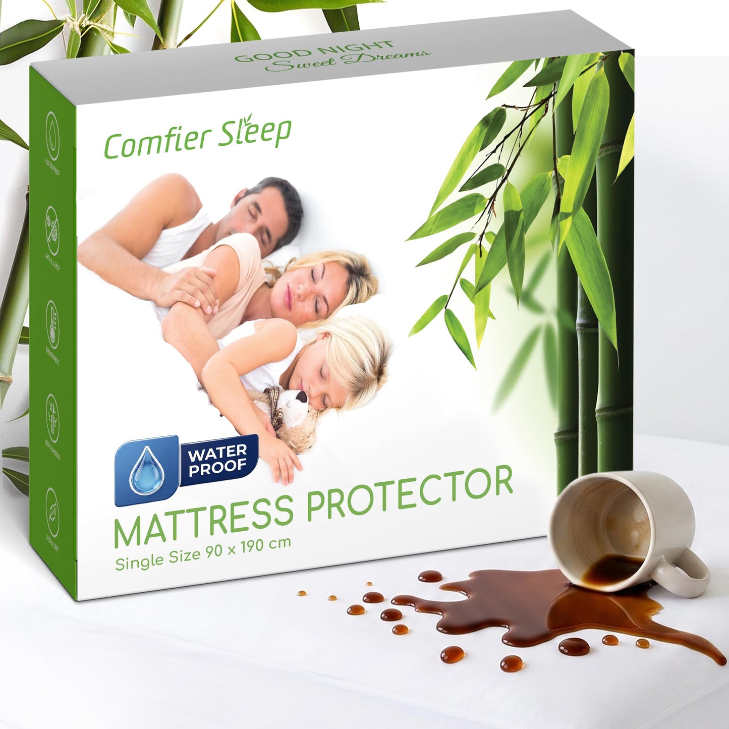 Single Waterproof Mattress Protector 90x190cm 100% Bamboo