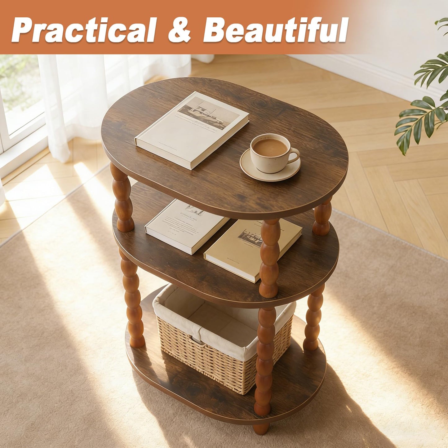 Wooden Side Table,3-Tier Small End Table with Storage Shelf, Vintage Retro furniture Bedside Coffee oval Table Night Stand for Living Room, Bedroom