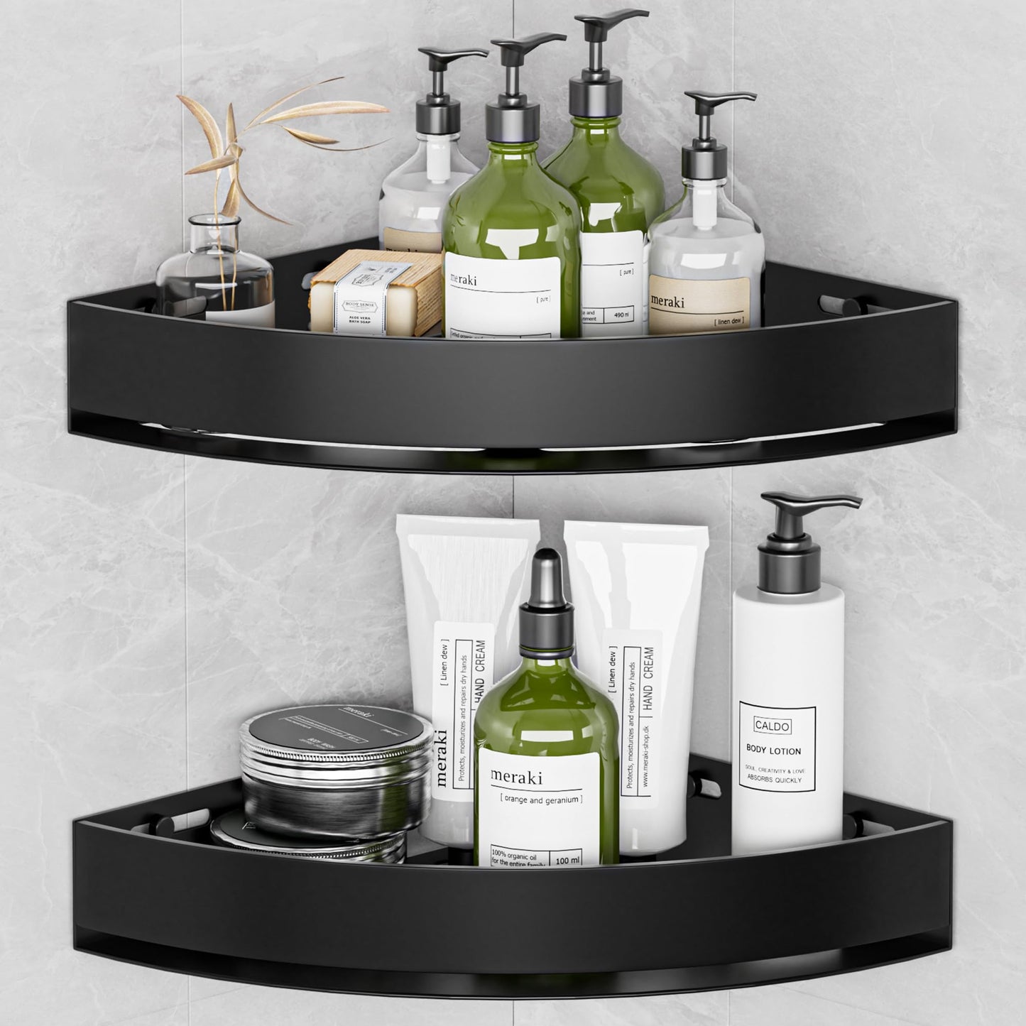 Wisfame Black Corner Shower Caddy - Rustproof Aluminium Triangle Shower Shelf - No Drill & Drill Installation - 2 Bathroom Shelves Wall Mounted (8KG