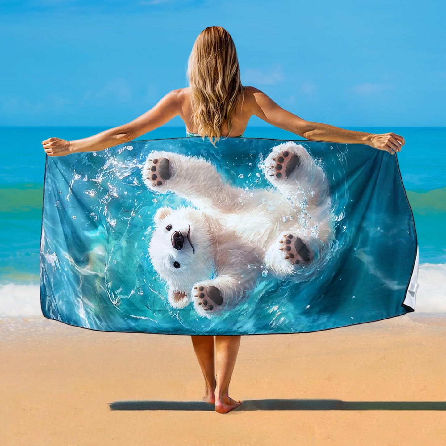 Violetpos Polar Bear Cub Beach Towel, Extra Large 180x90 cm 250GSM Microfibre, Sand Free Quick Dry