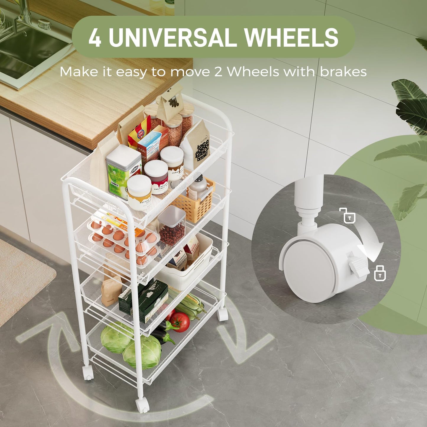 WELDUN 4-Tier Storage Trolley, Meatl Rolling Cart, Mesh Storage Cart White