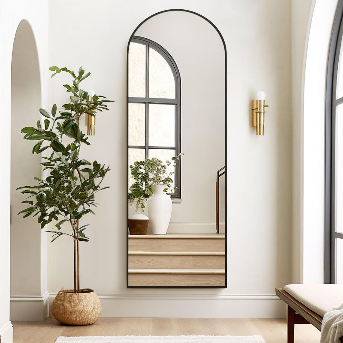 Melodieux Arch Full Length Mirror 147 x 44 cm Large Freestanding Black Aluminium Frame Dressing Wall Mounted Mirror for Living Room Bedroom