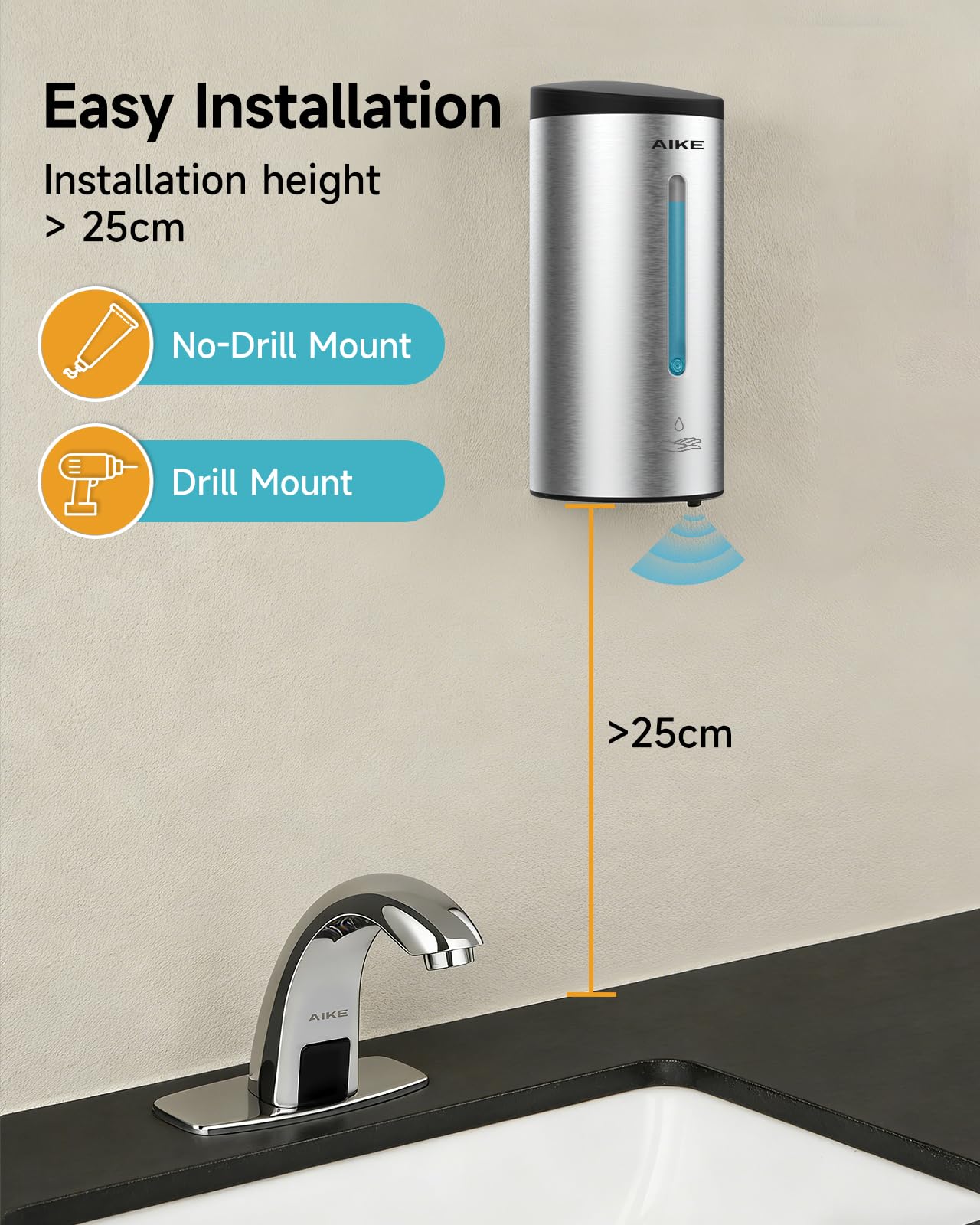 AIKE Classic Automatic Soap Dispenser Wall Mounted, Stainless Steel Finish
