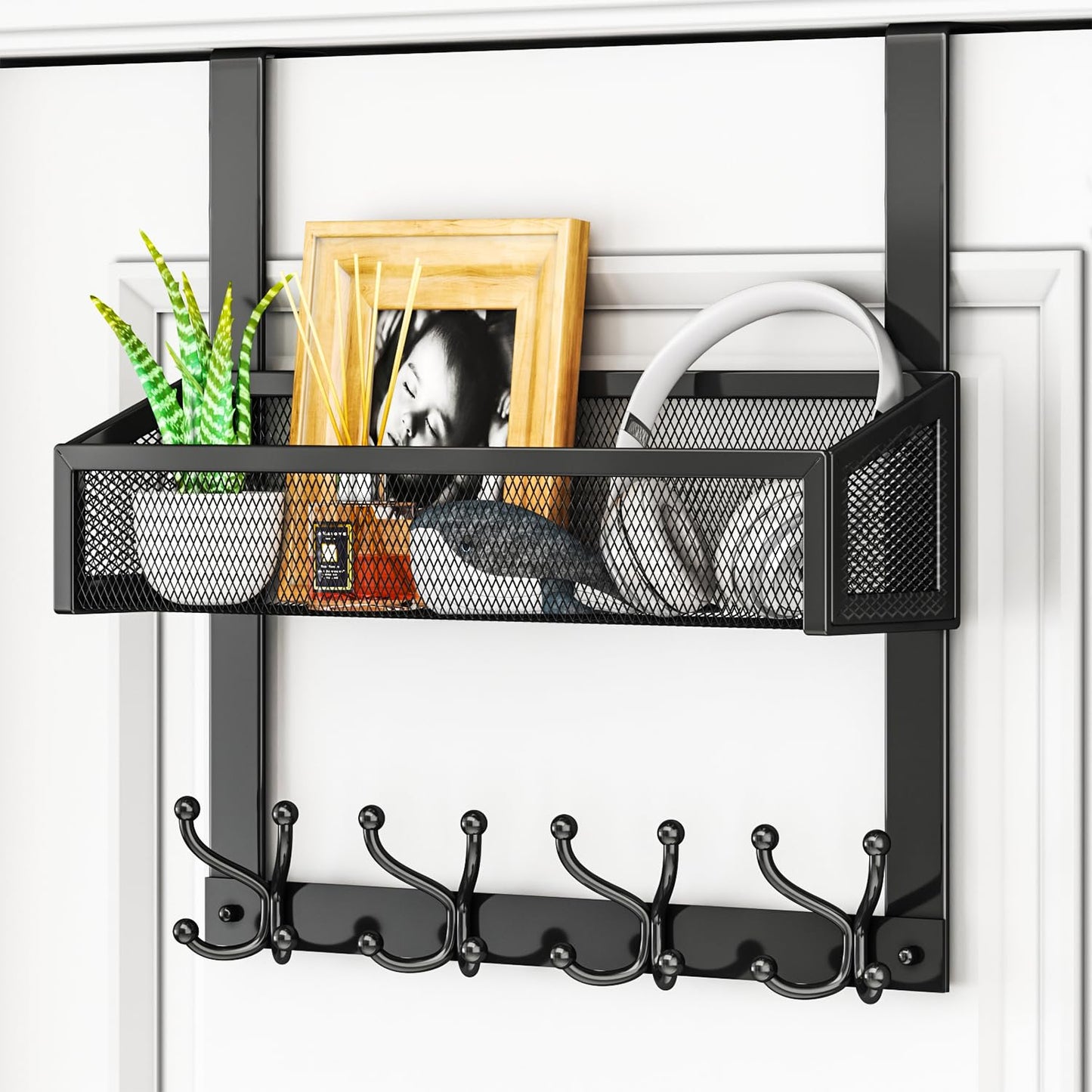 HapiRm Over Door Hanger Hooks - Over Door Hook Easy Install, Stainless Steel Coat Hangers with 16 Hooks, Mesh Basket Coat Rack Storage for Clothes,