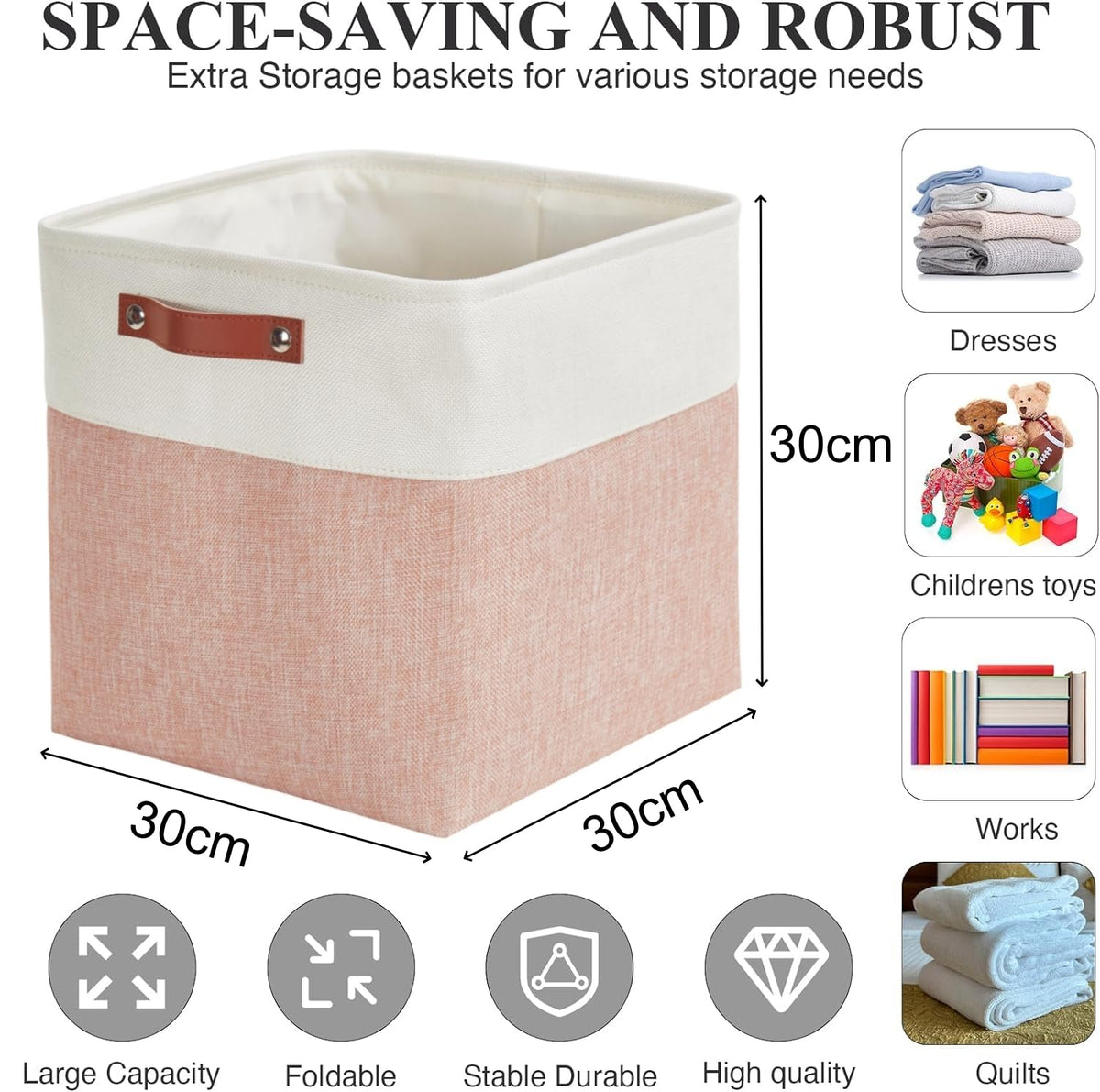 Mangata Collapsible Storage Cube Boxes, 30CM Cube Linen Woven Fabric Storage Baskets with Leather Handles 3PCS(Pink and White)