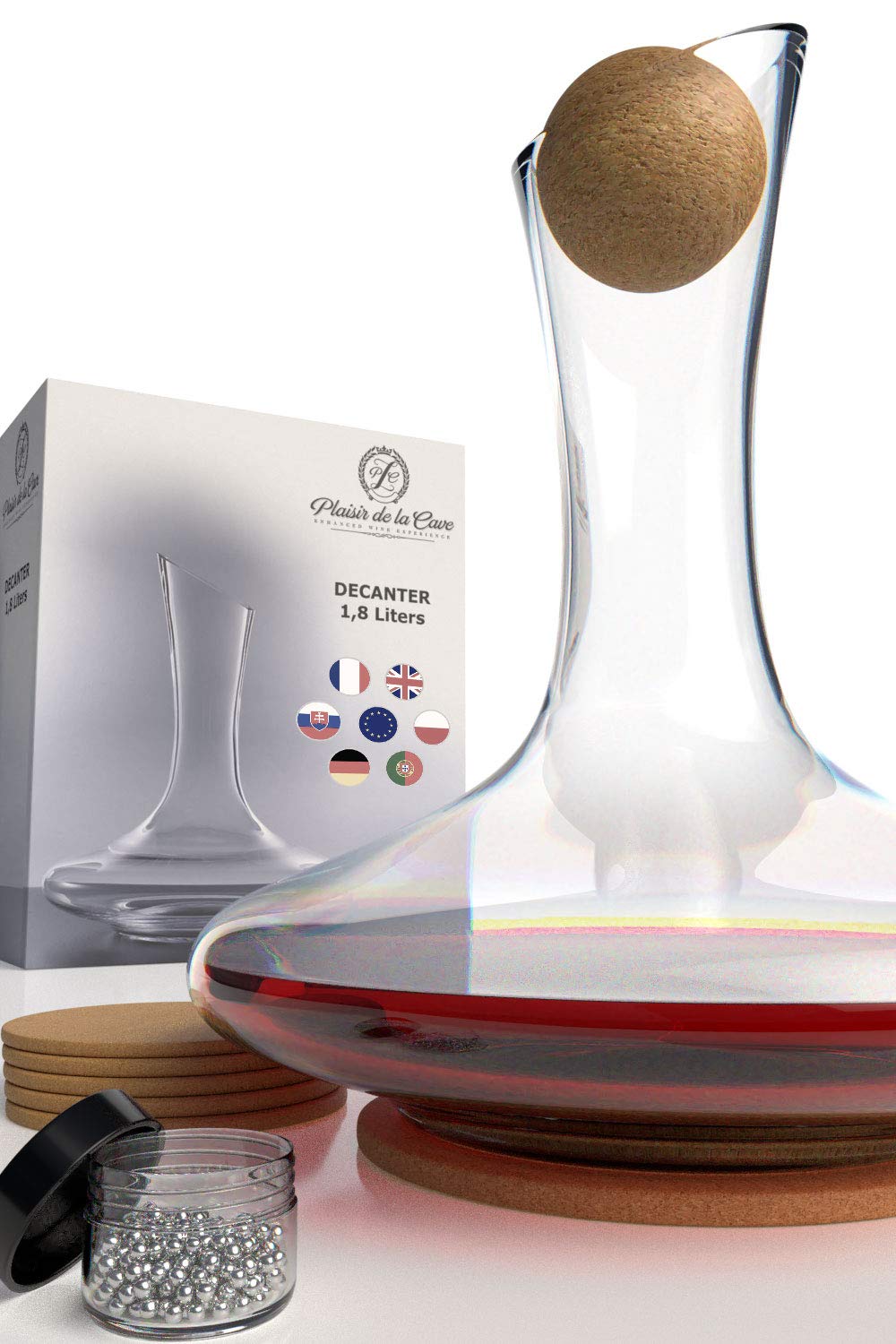 Crystallin Wine Decanter & Accessories (Cleaning Beads, Cork Stopper, Mat & Coasters)  100% Handmade in Europe, Lead-Free Crystal Glass Wine Carafe