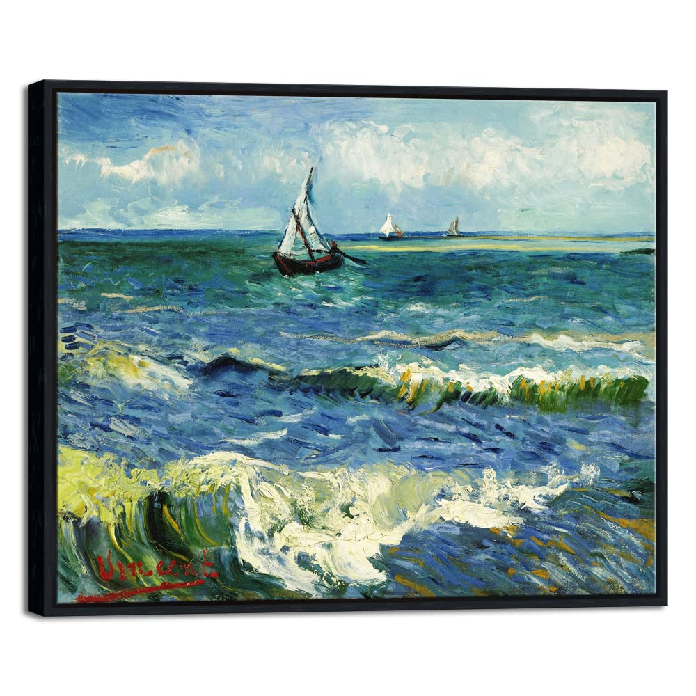 Wieco Art Black Framed Art Seascape at Saintes Maries by Vincent Van Gogh Oil Paintings Reproduction Modern Canvas Prints Sea Pictures on Canvas Wall