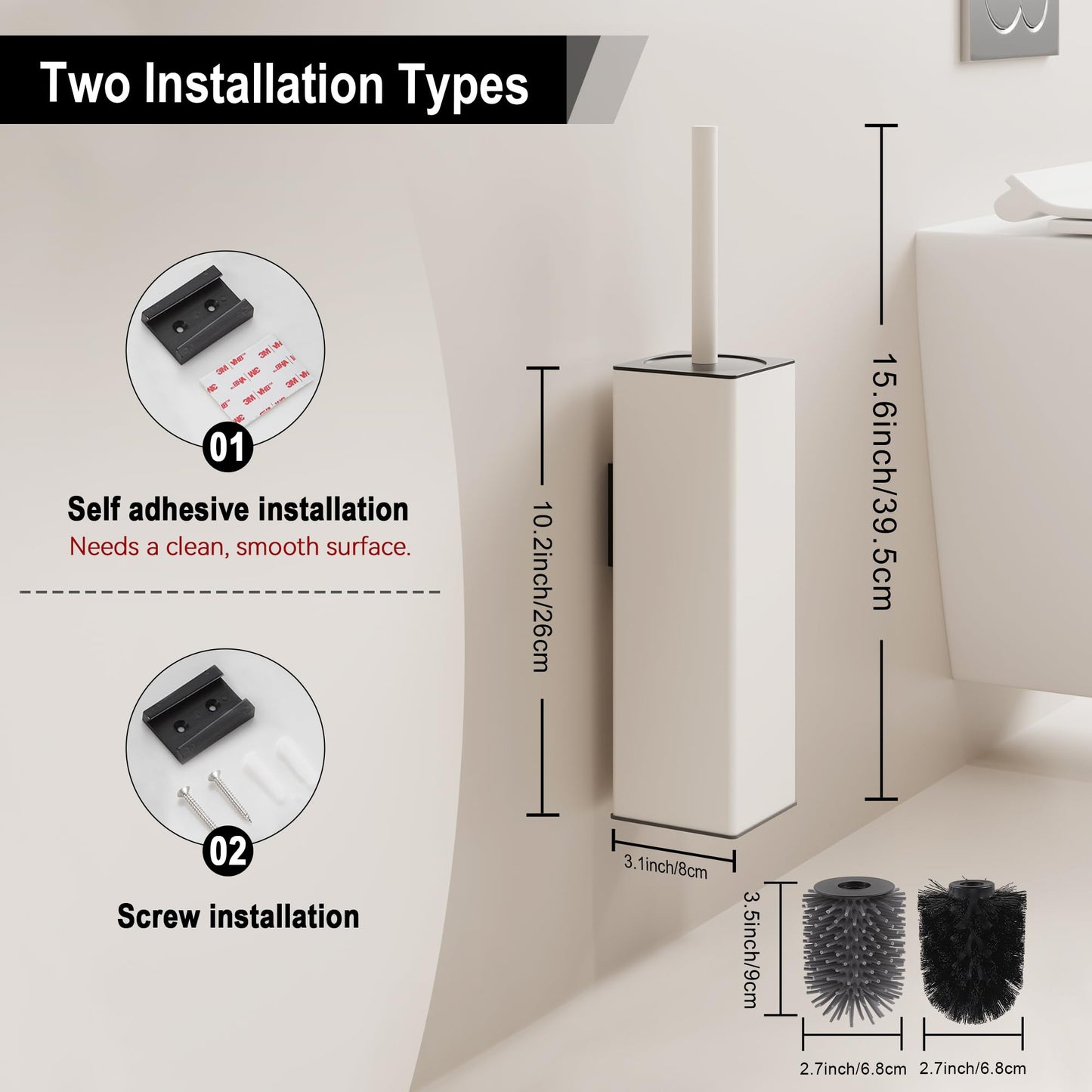 BVL Wall Mounted Matte White Toilet Brush, No Drilling Metal Toilet Brush Holder Includes 2 Brush Heads, Silicone Head Square Holder