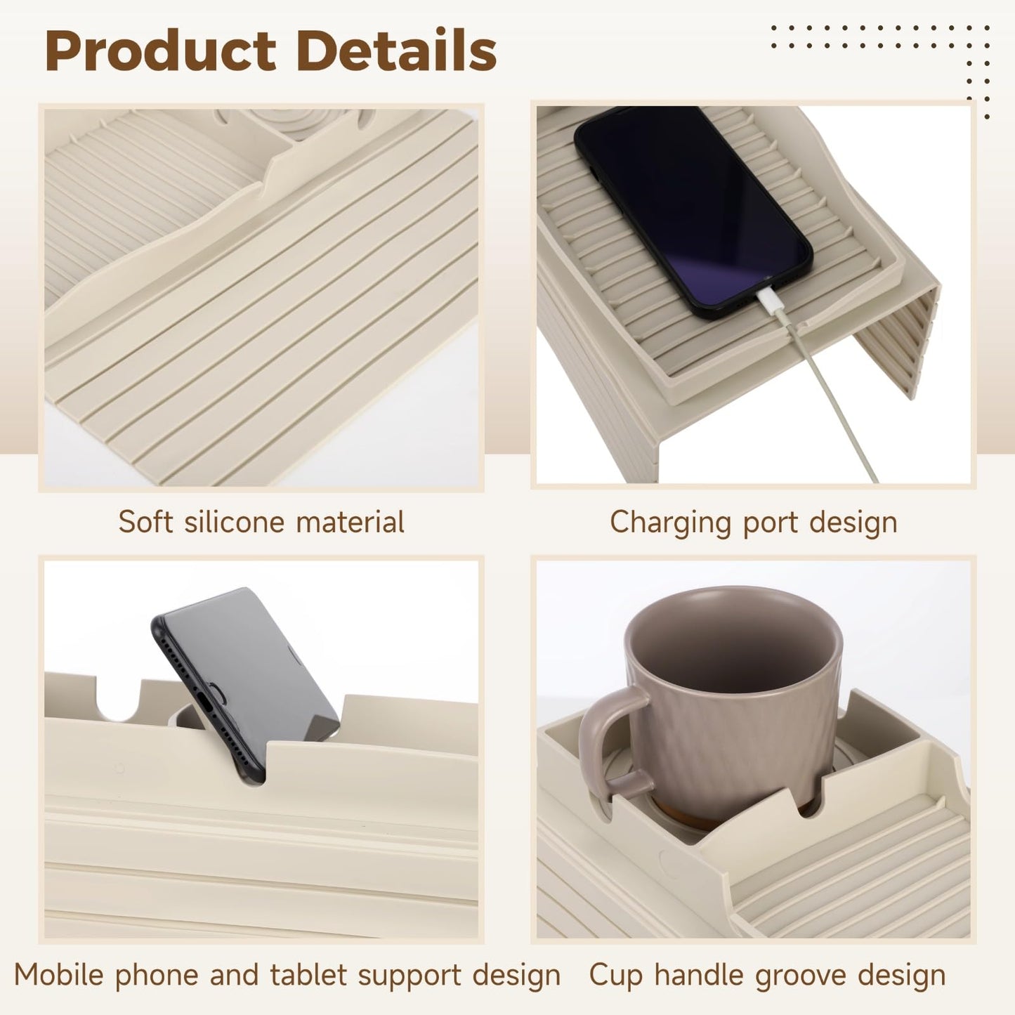 Calolin Sofa Cup Holder Tray, Silicone Couch Caddy, Armchair Caddy with Phone Tablet Stand & Charging Port