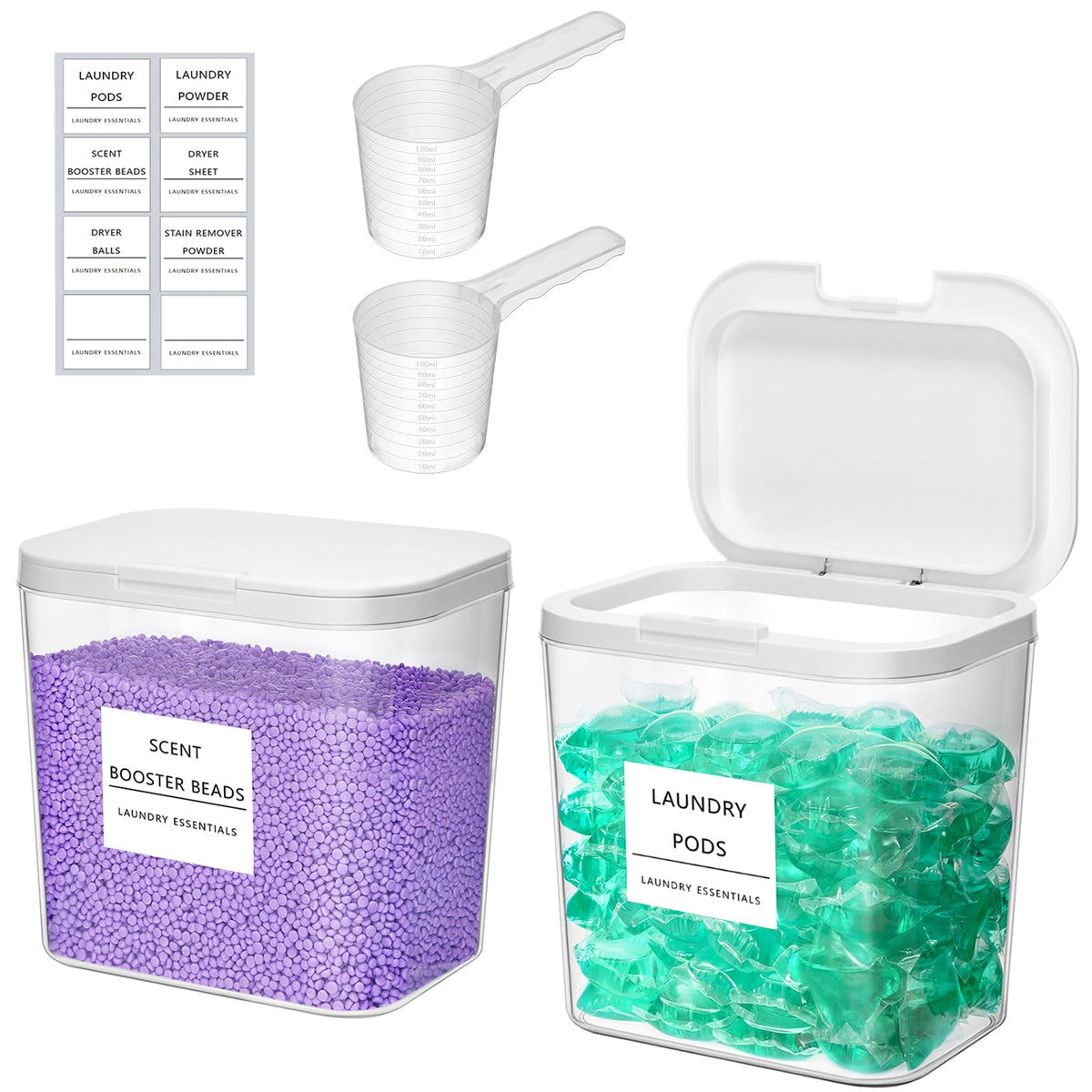 Lifewit 2 Pack Laundry Pods Container with Labels, Scoops and Press-and-Pop Lid, Detergent/Powder/Capsule/Pot/Washing Tablets Storage Holder for