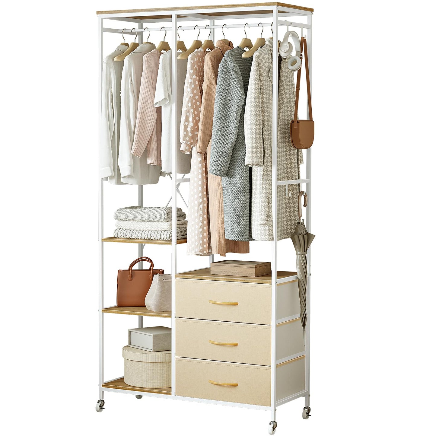 Mintnook Heavy Duty Clothing Rail，Wardrobe with 3 Drawers，Beige