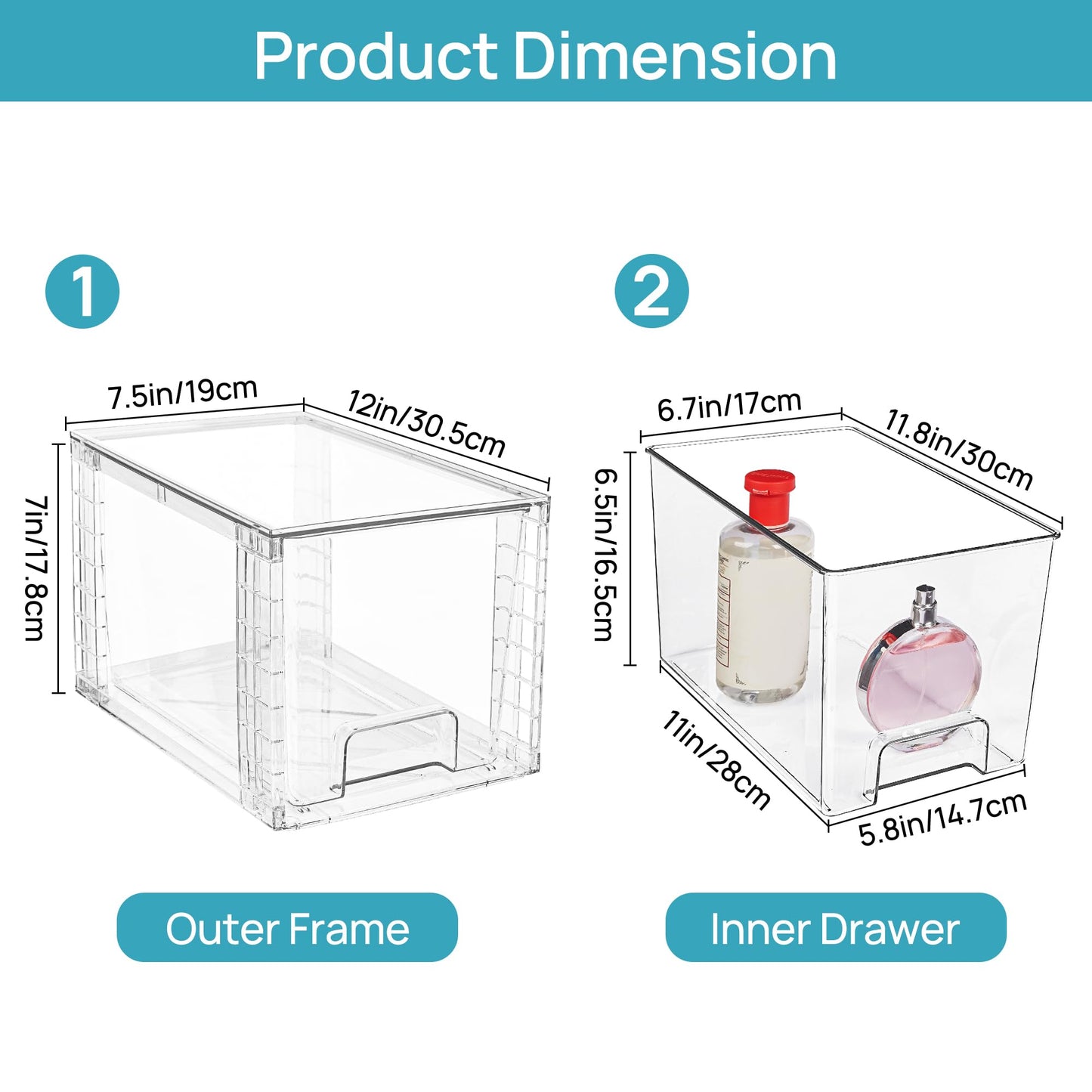 Vtopmart 4 Pack Large Stackable Storage Drawers,Clear Acrylic Drawer Organizers with Handles, Easily Assemble for Bathroom,Kitchen